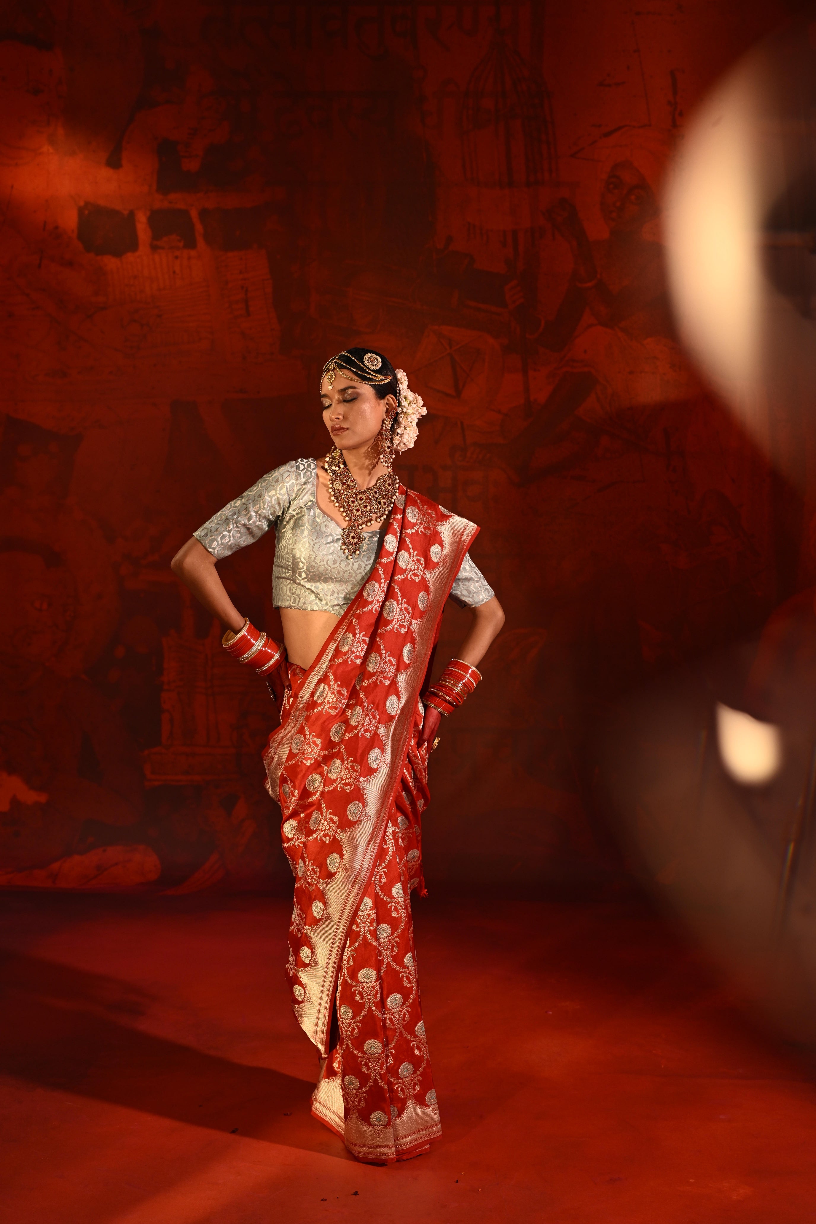 Red Banarasi Silk Saree with Zari & Meena Jaal Weaving