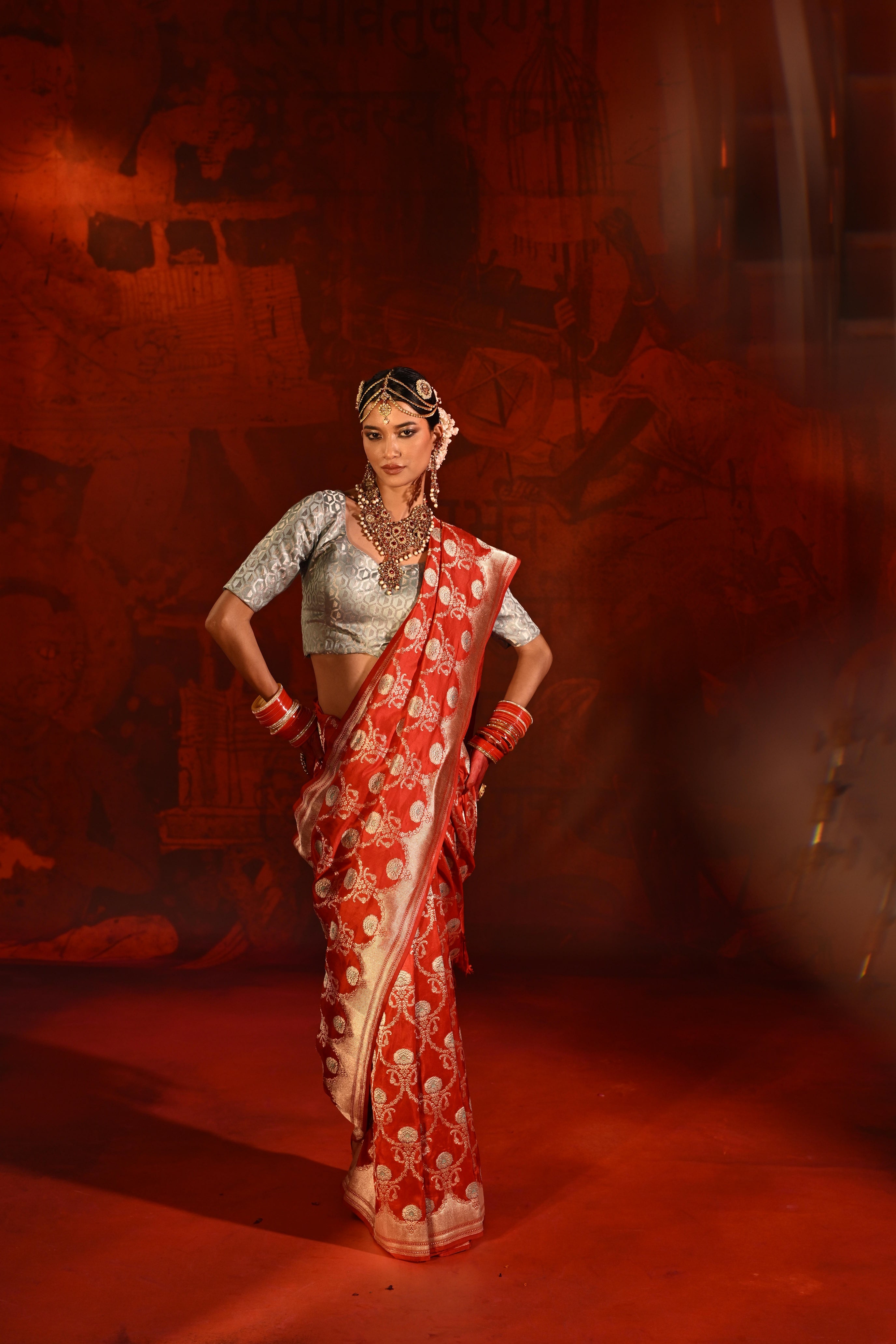 Red Banarasi Silk Saree with Zari & Meena Jaal Weaving