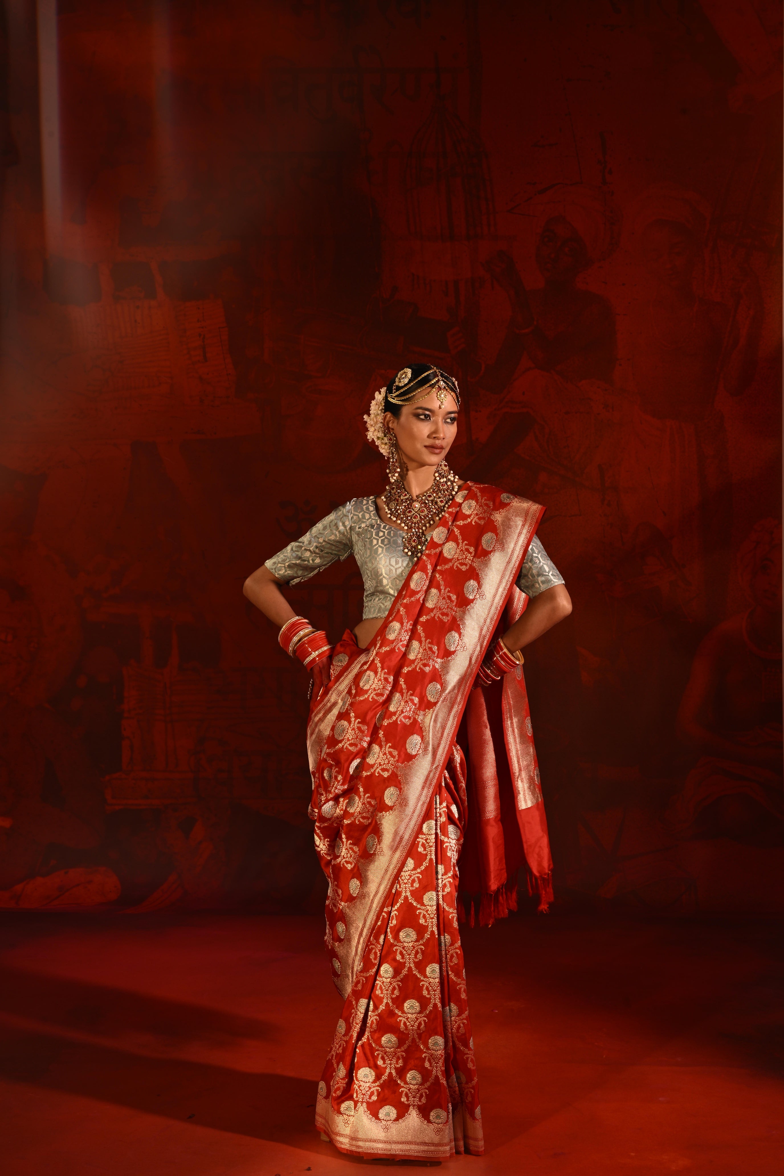 Red Banarasi Silk Saree with Zari & Meena Jaal Weaving
