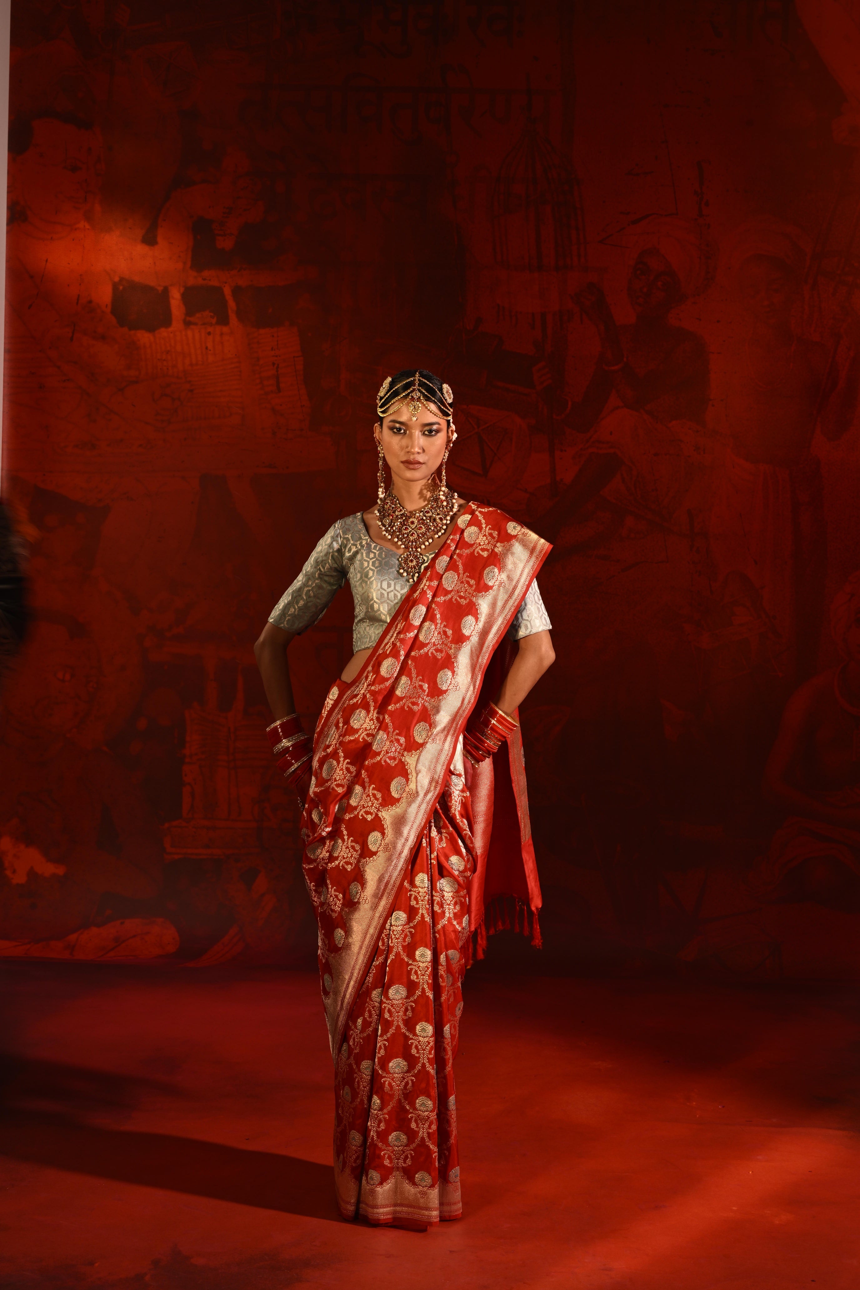 Red Banarasi Silk Saree with Zari & Meena Jaal Weaving