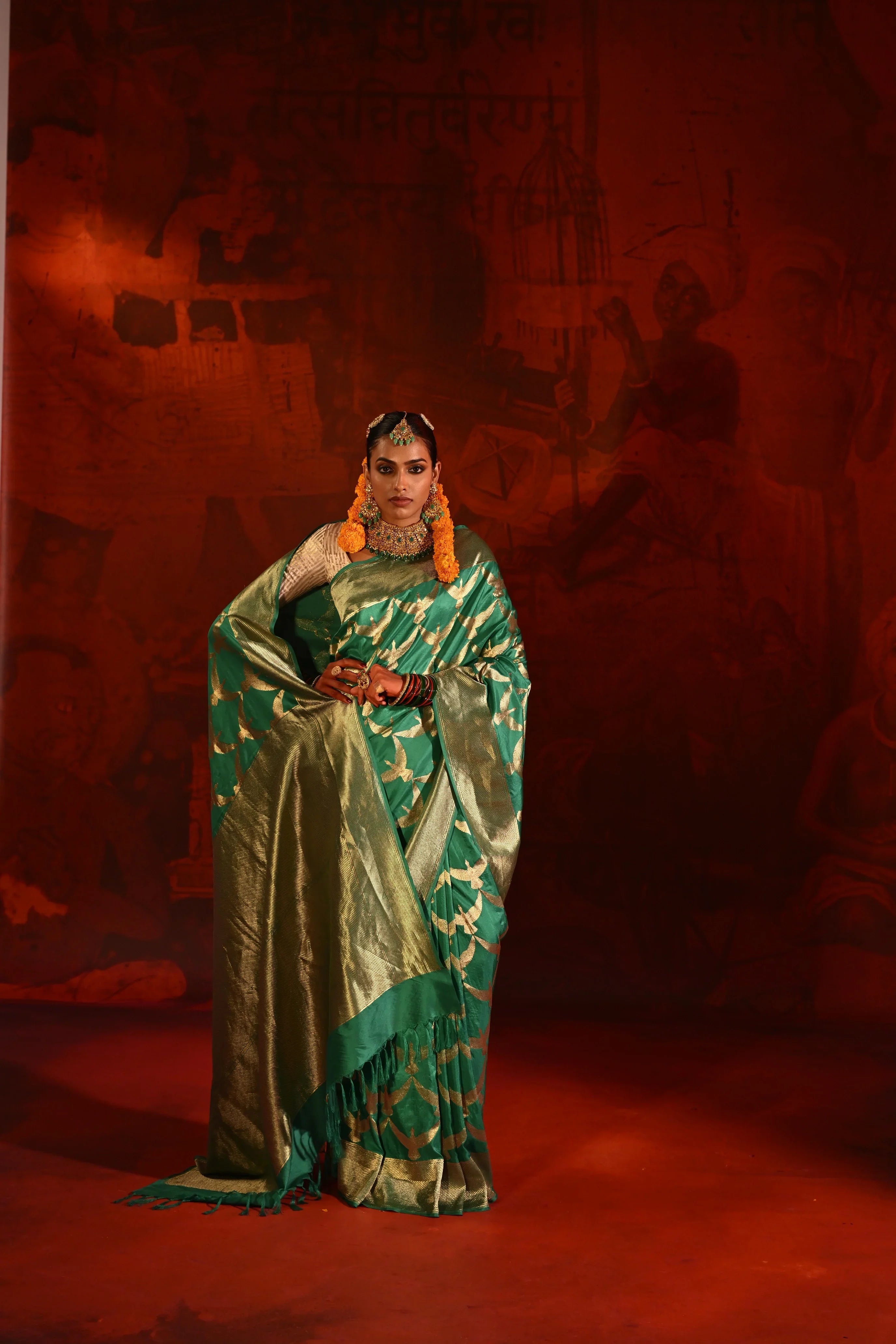 Teal Green Silk Saree with All-Over Zari Weaving | Mokshaa