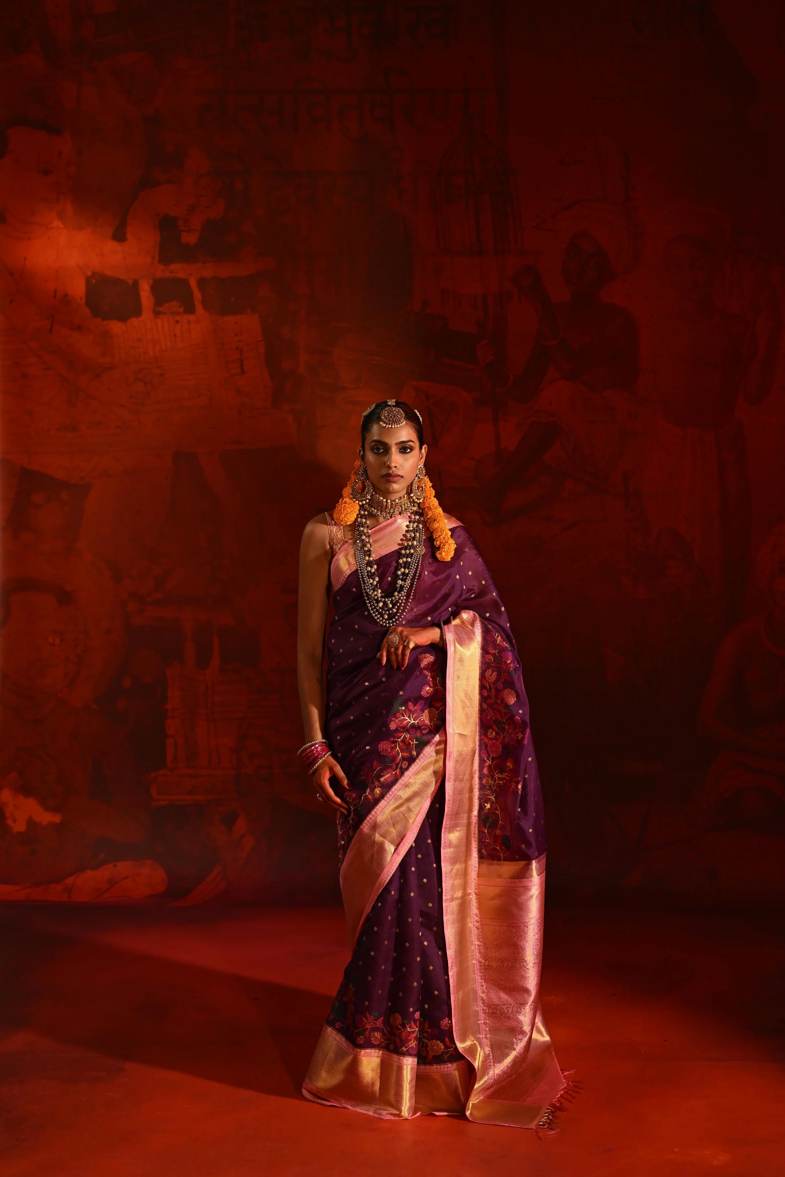 Purple Kanchivaram Kora Silk Saree with Multicolor Meena Zari Border | Mokshaa