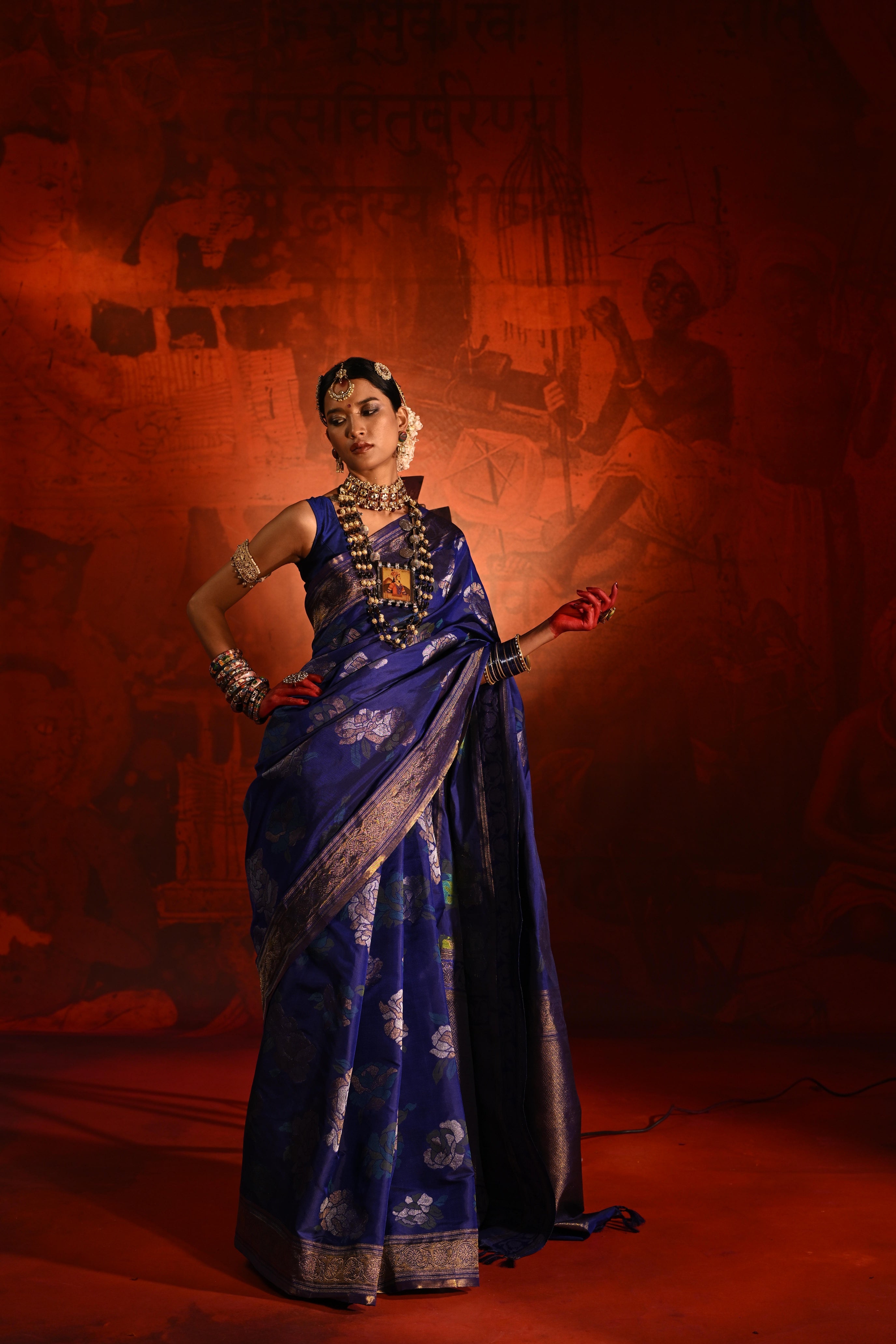 Ink Blue Kanchivaram Silk Saree with All-Over Zari & Meena Motifs