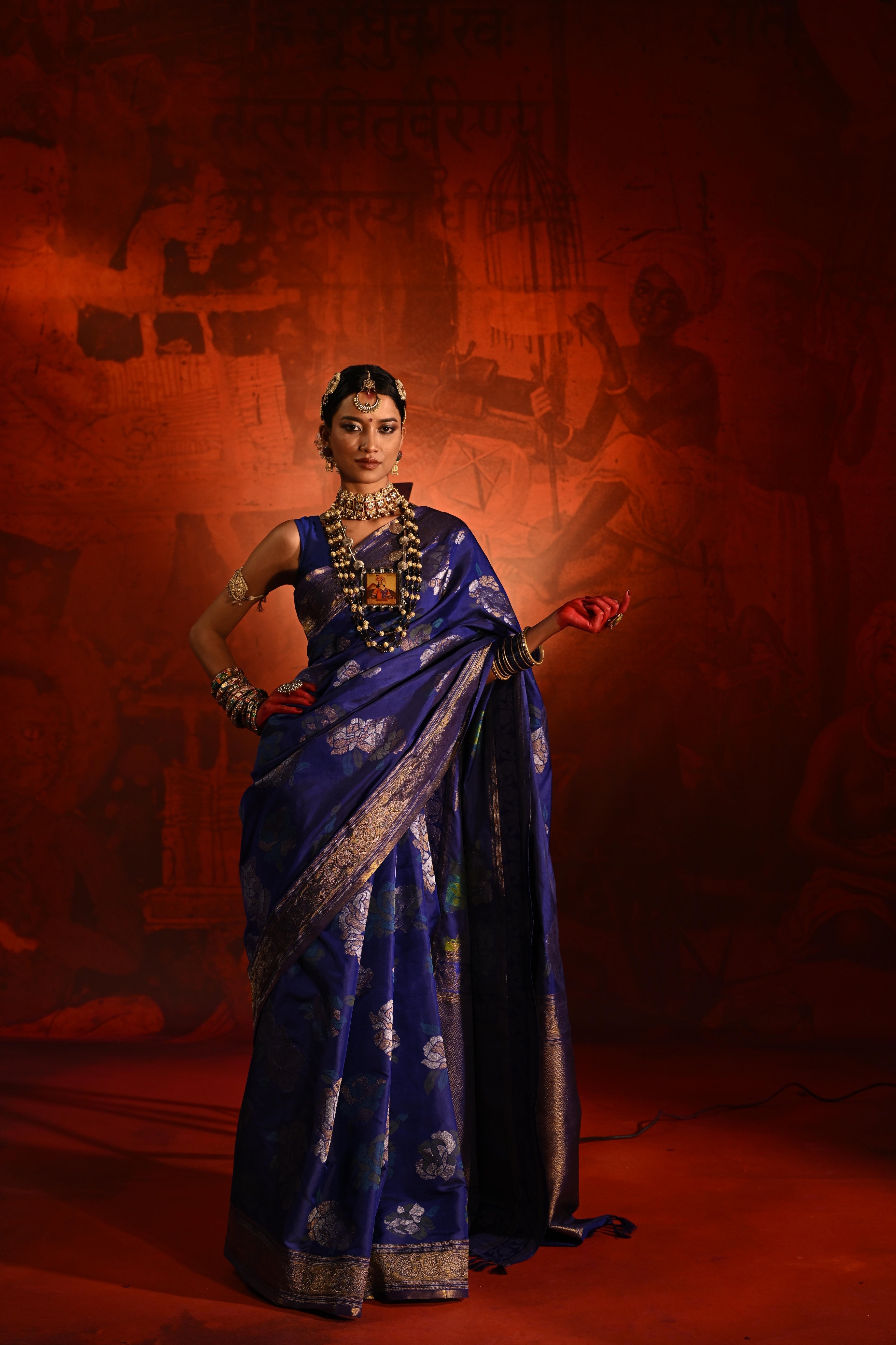 Ink Blue Kanchivaram Silk Saree with All-Over Zari & Meena Motifs