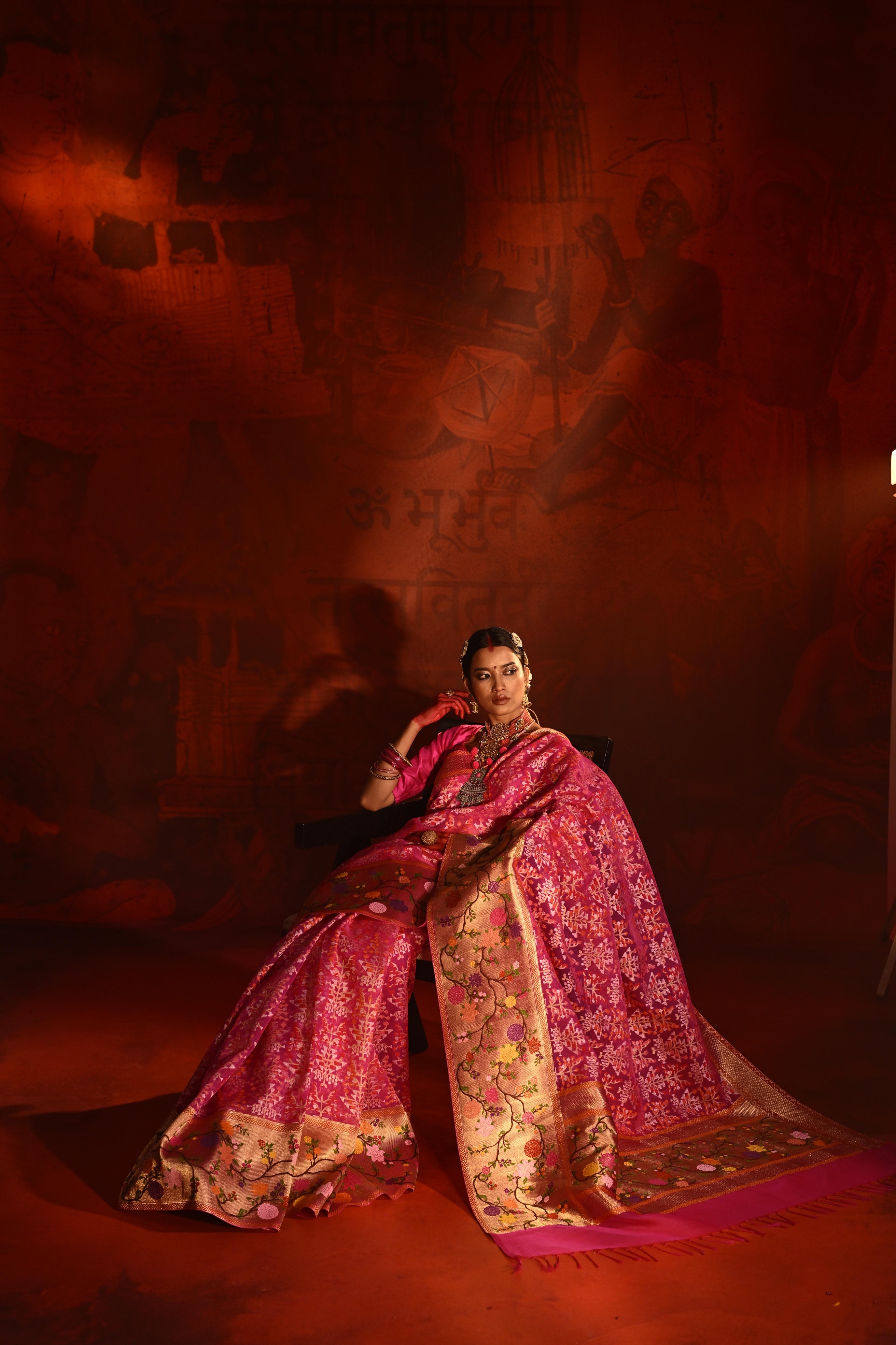 Neon Pink Kora Silk Saree with Zari Weaving & Meena Jaal