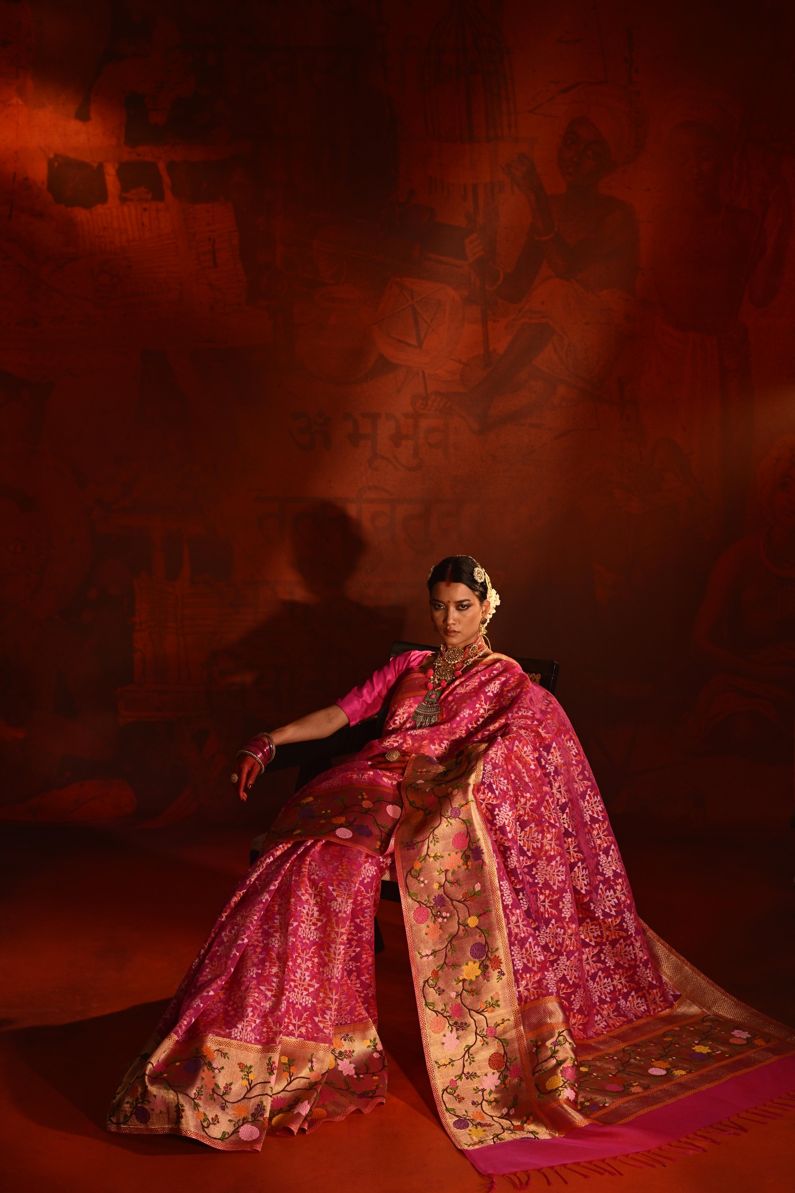 Neon Pink Kora Silk Saree with Zari Weaving & Meena Jaal