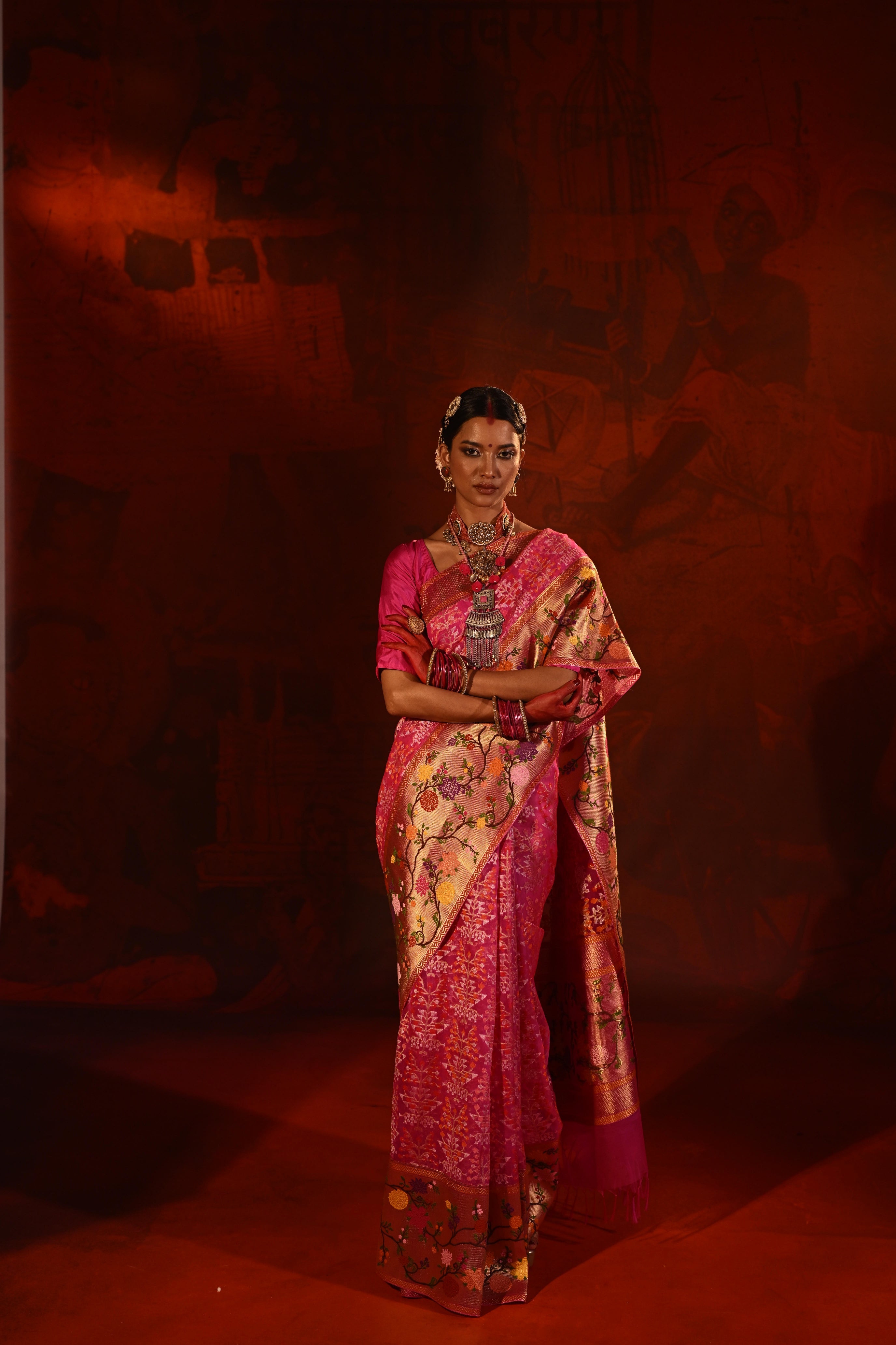 Neon Pink Kora Silk Saree with Zari Weaving & Meena Jaal