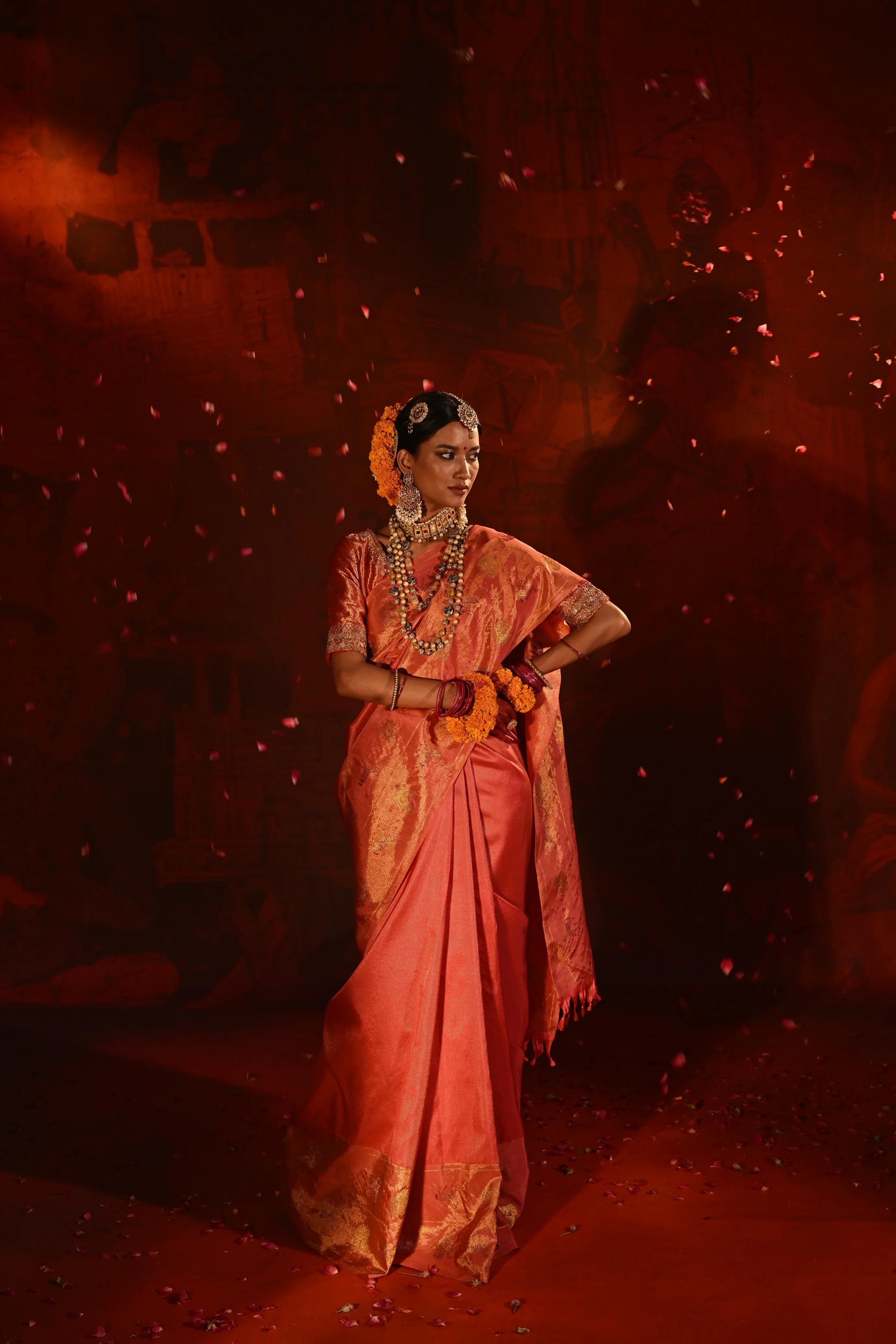 Peach Kanchivaram Silk Saree with Vaira Oosi Weaving | Mokshaa