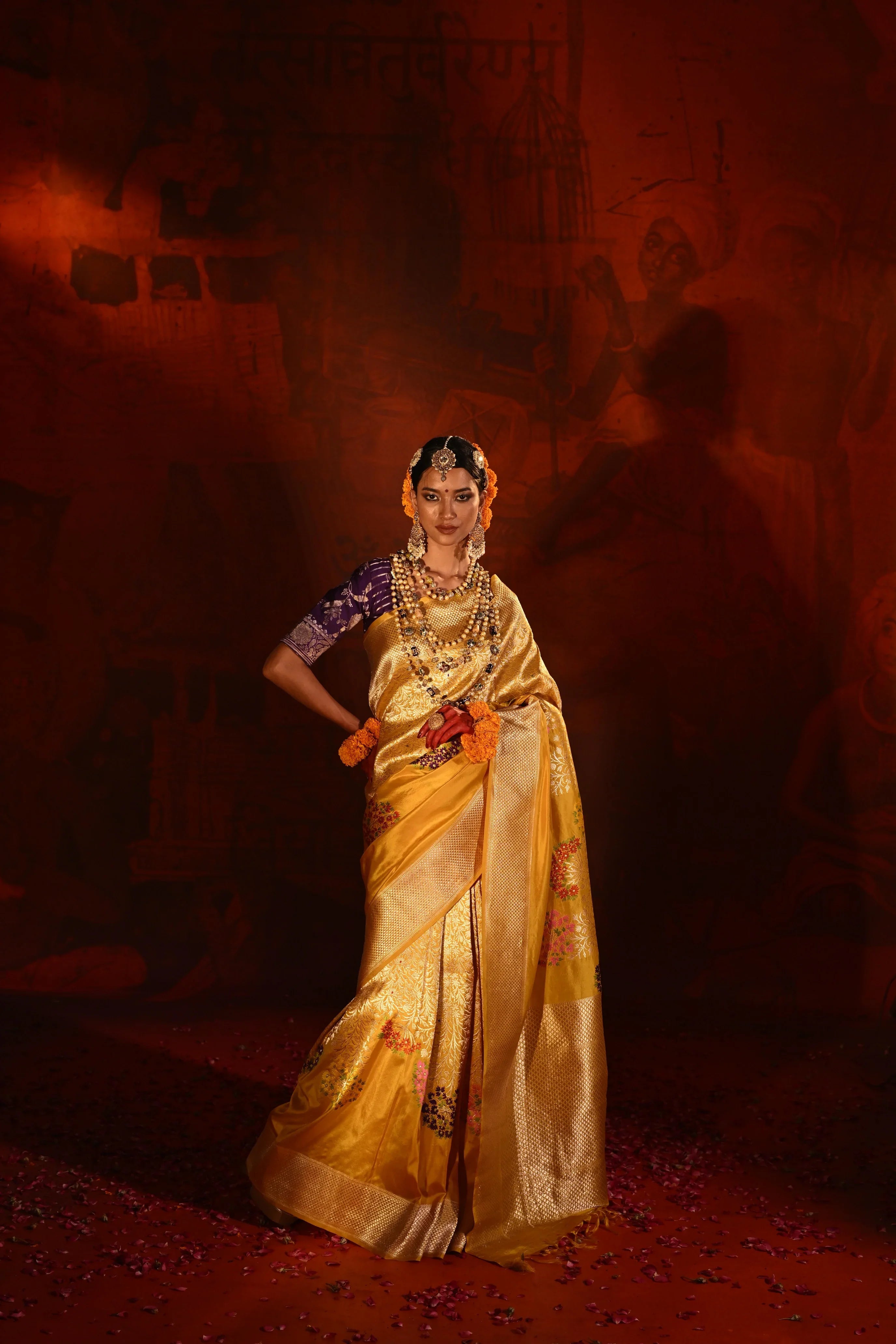 Mango Yellow Banarasi Silk Saree with Brocade Zari Weaving & Multi-Coloured Motifs | Mokshaa