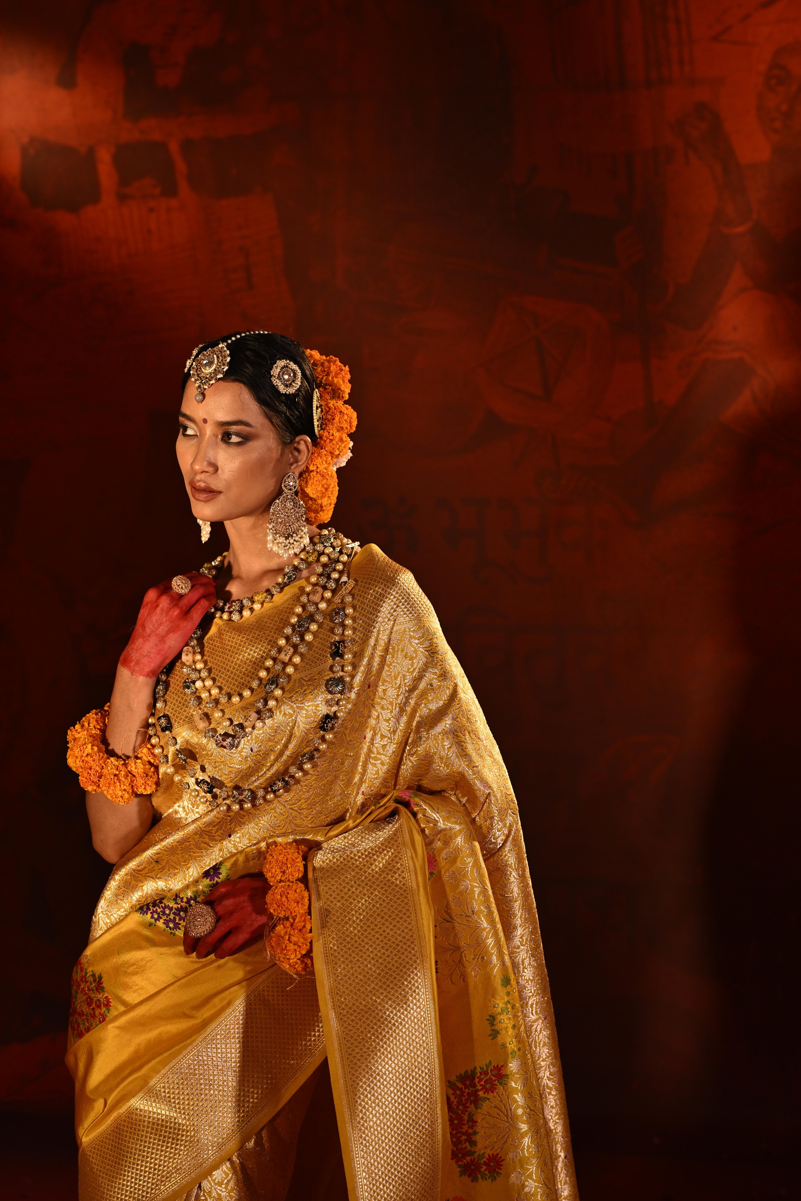 Mango Yellow Banarasi Silk Saree with Brocade Zari Weaving & Multi-Coloured Motifs