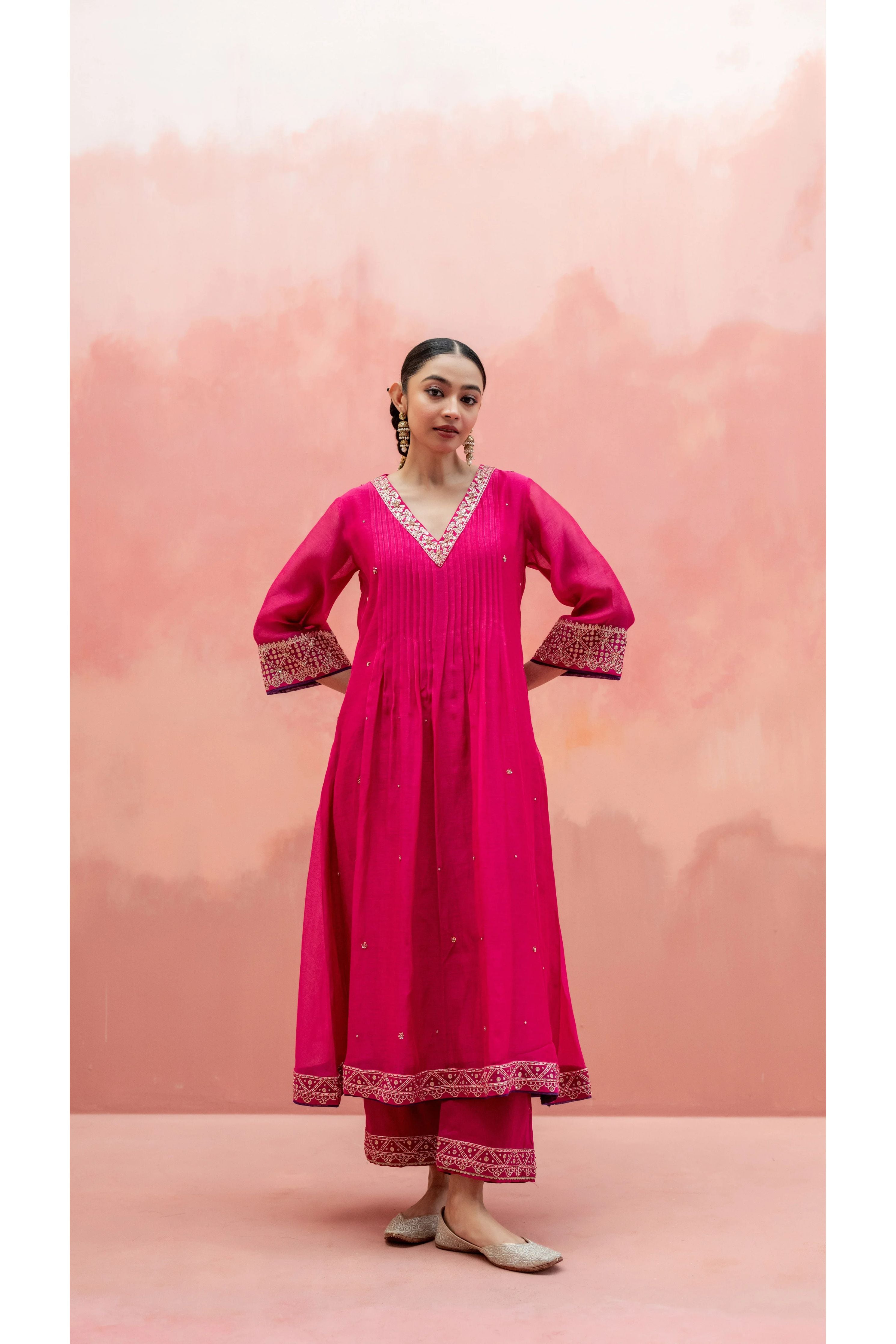 Rani Pink A-Line Kurta Set - Mokshaa