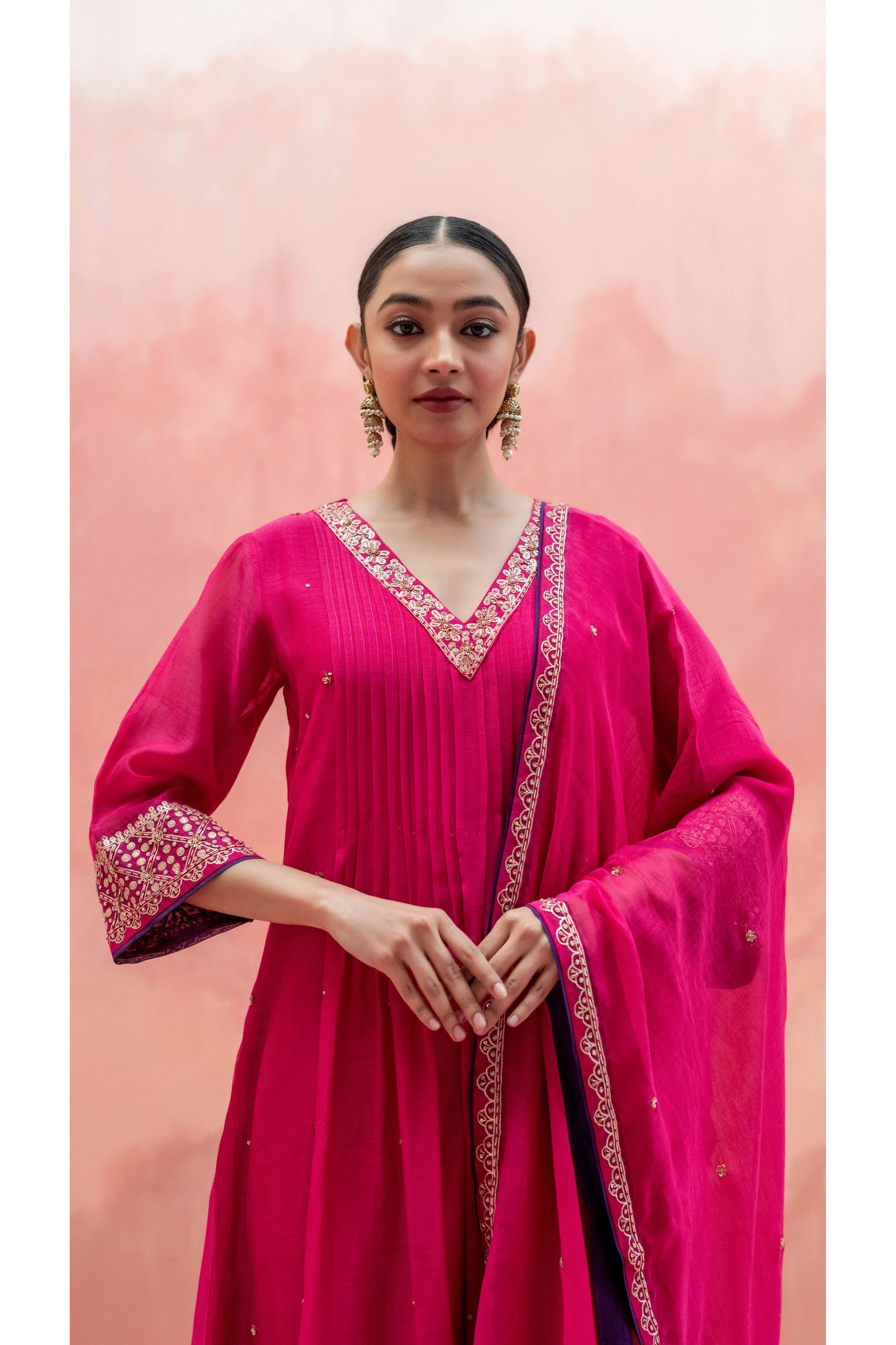 Rani Pink A-Line Kurta Set - Mokshaa