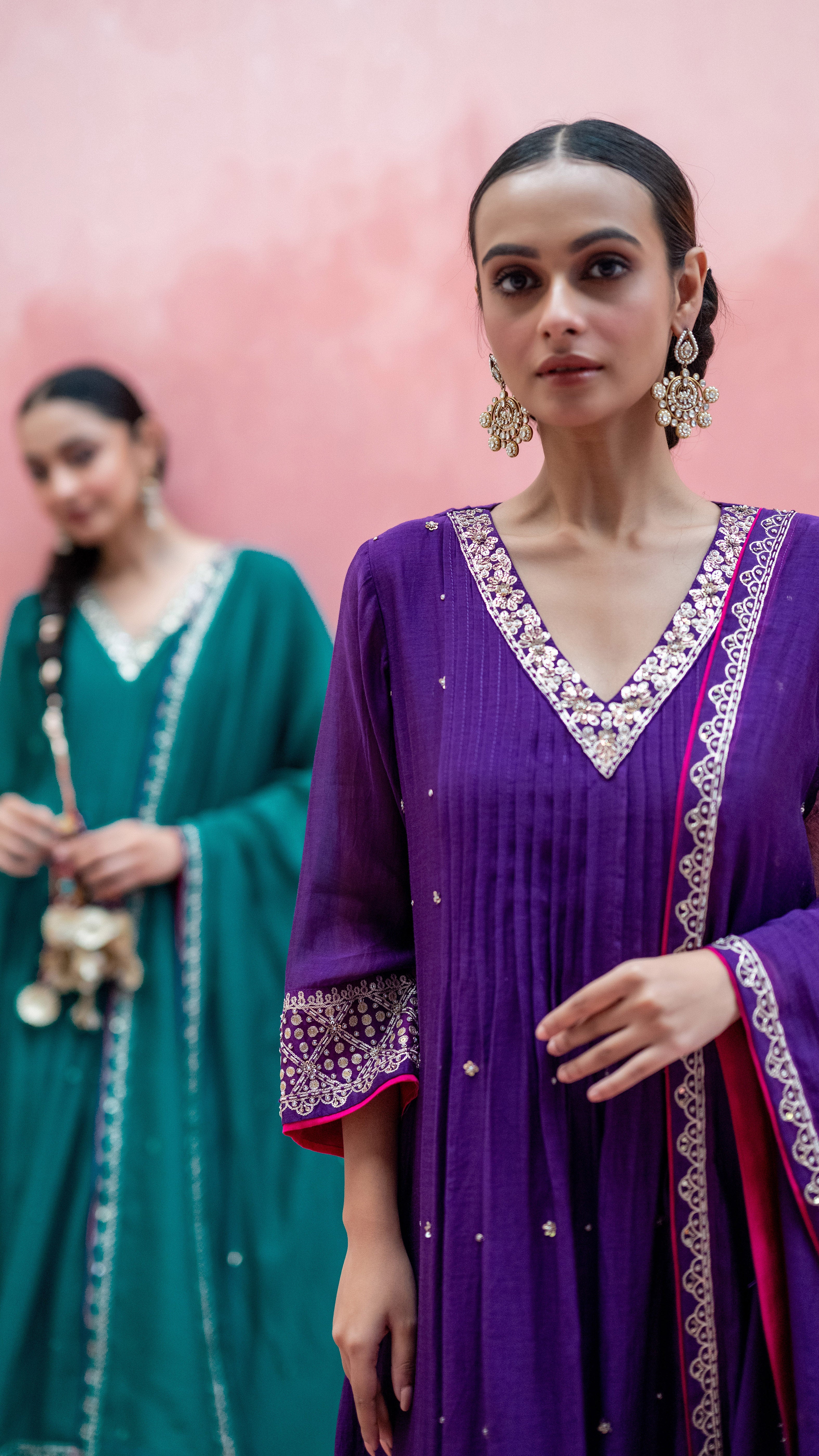 Aubergine Mul Chanderi Embroidered Kurta Set
