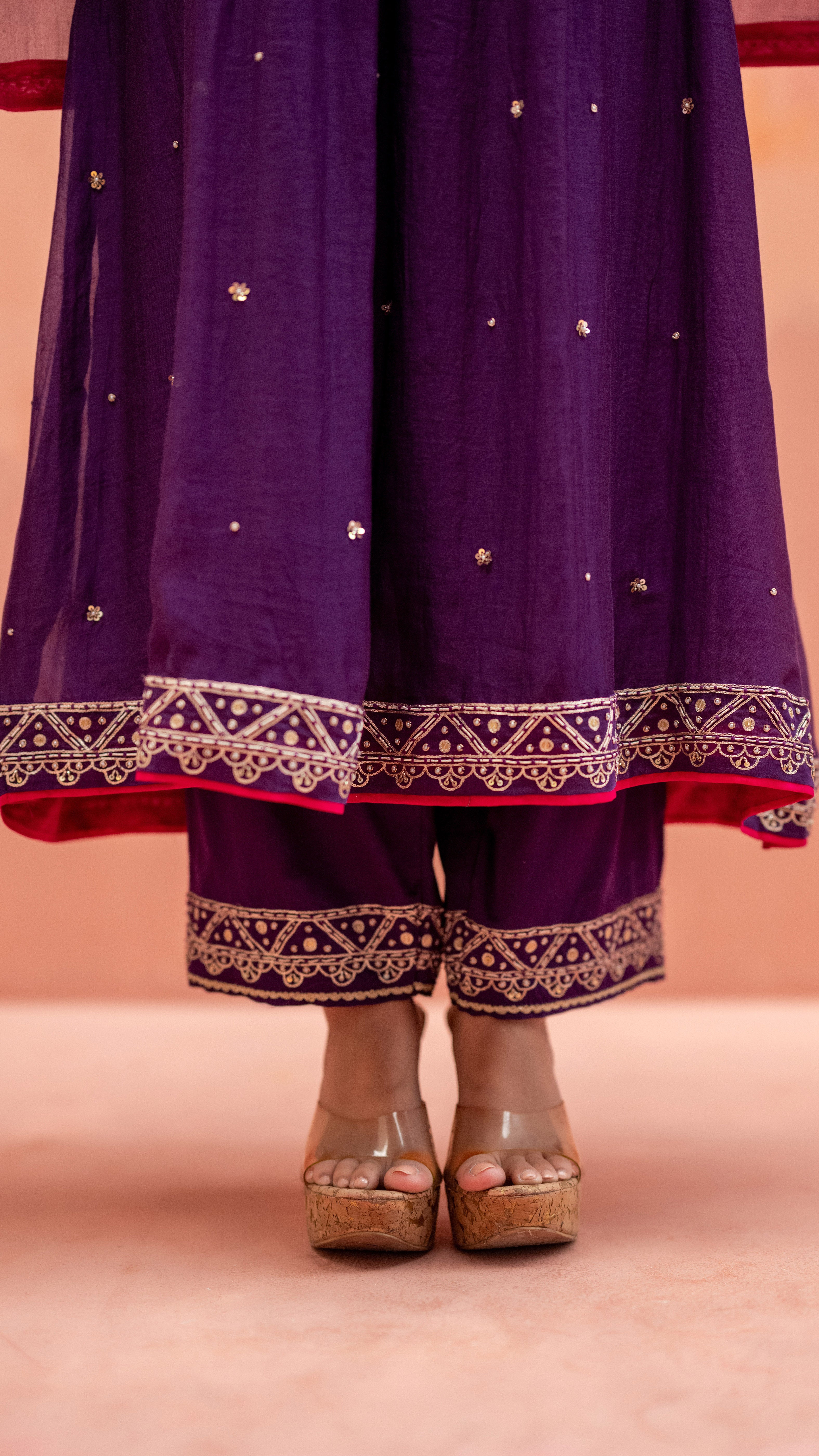 Aubergine Mul Chanderi Embroidered Kurta Set