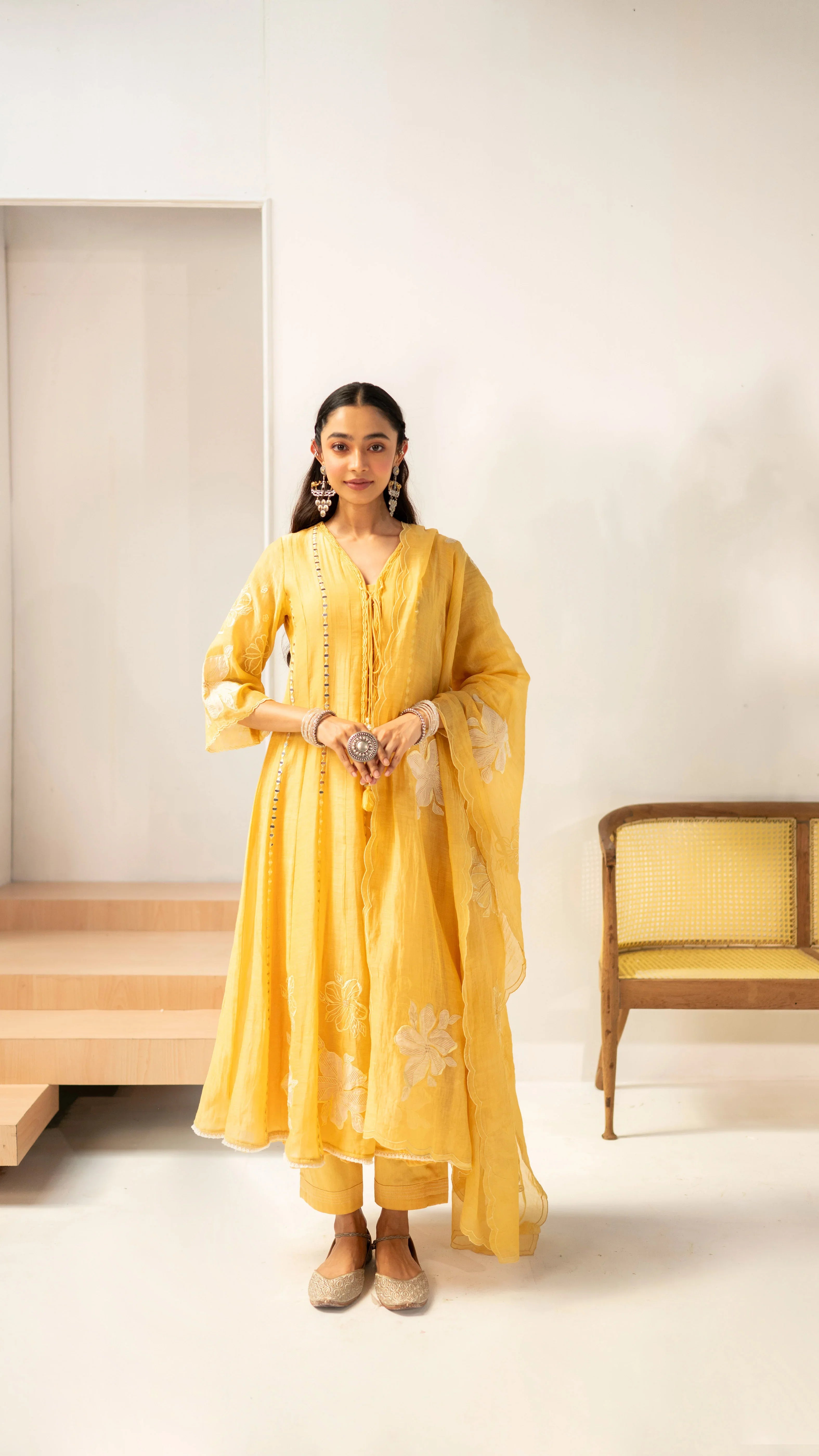 Sunlit Yellow Mirrorwork Embroidered Anarkali Set | Mokshaa