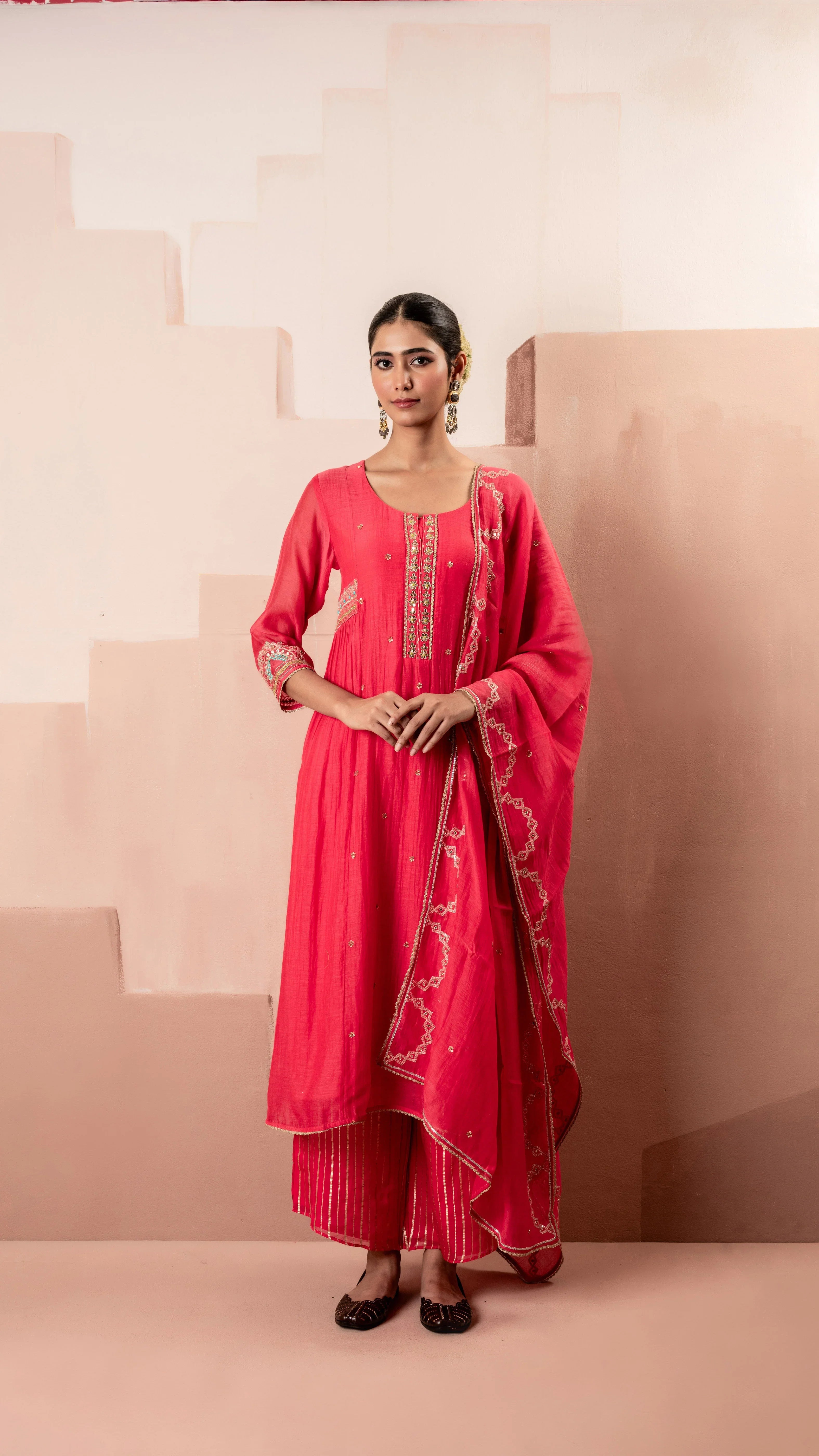 Raspberry Pink Multicolor Embroidered A-line Kurta Set | Mokshaa