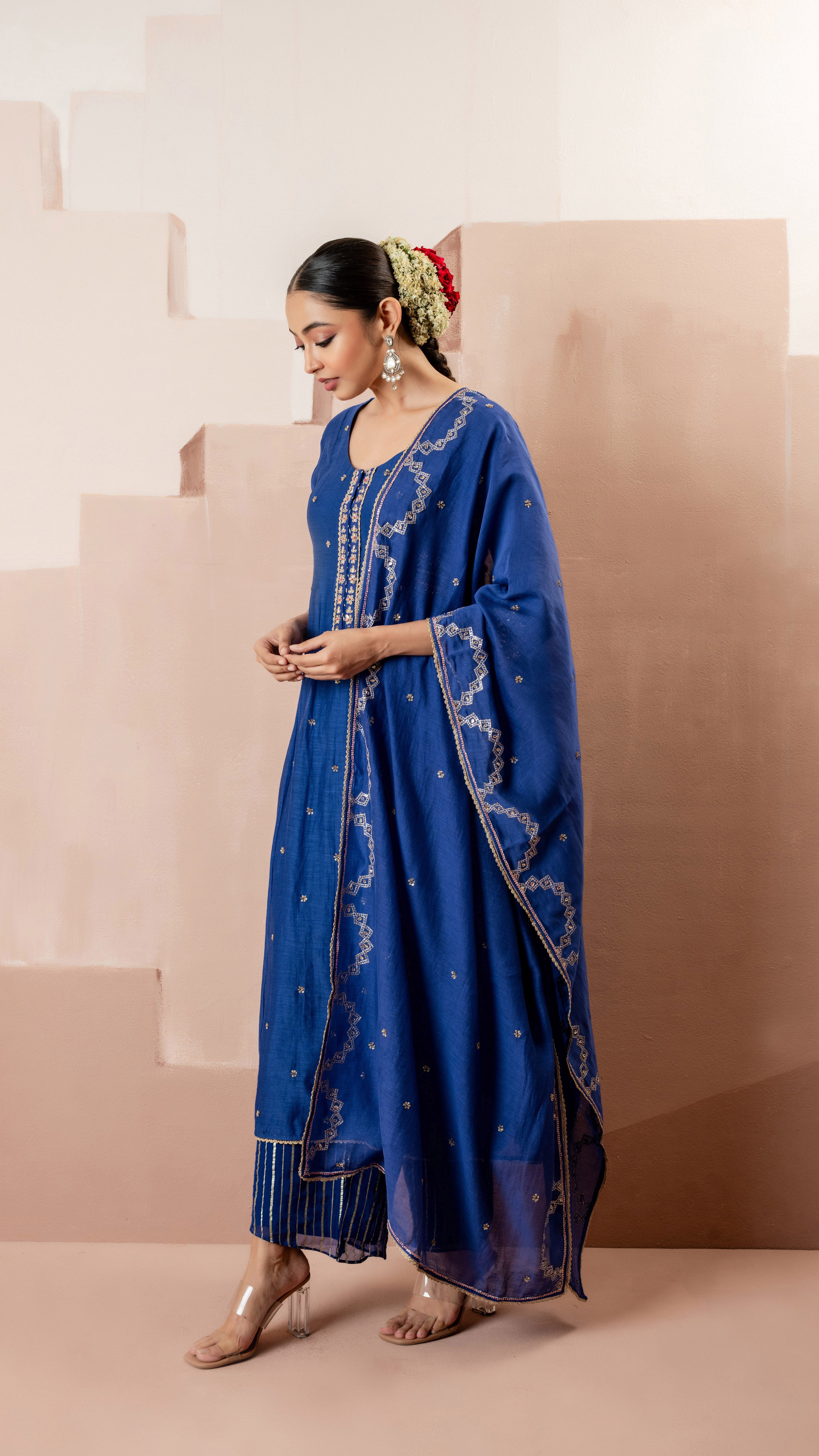 Royal Blue Multicolor Embroidered A-line Kurta Set