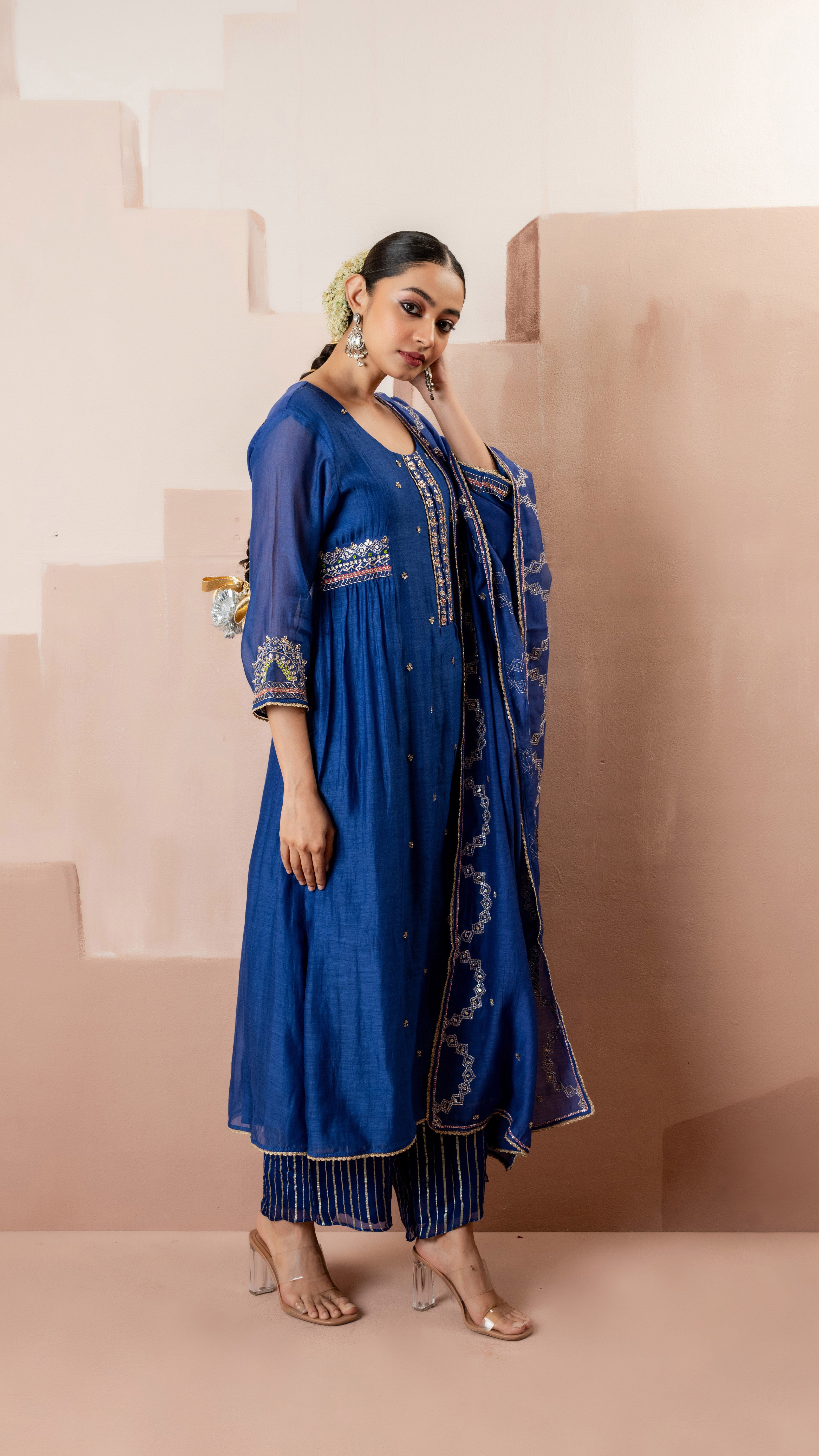 Royal Blue Multicolor Embroidered A-line Kurta Set