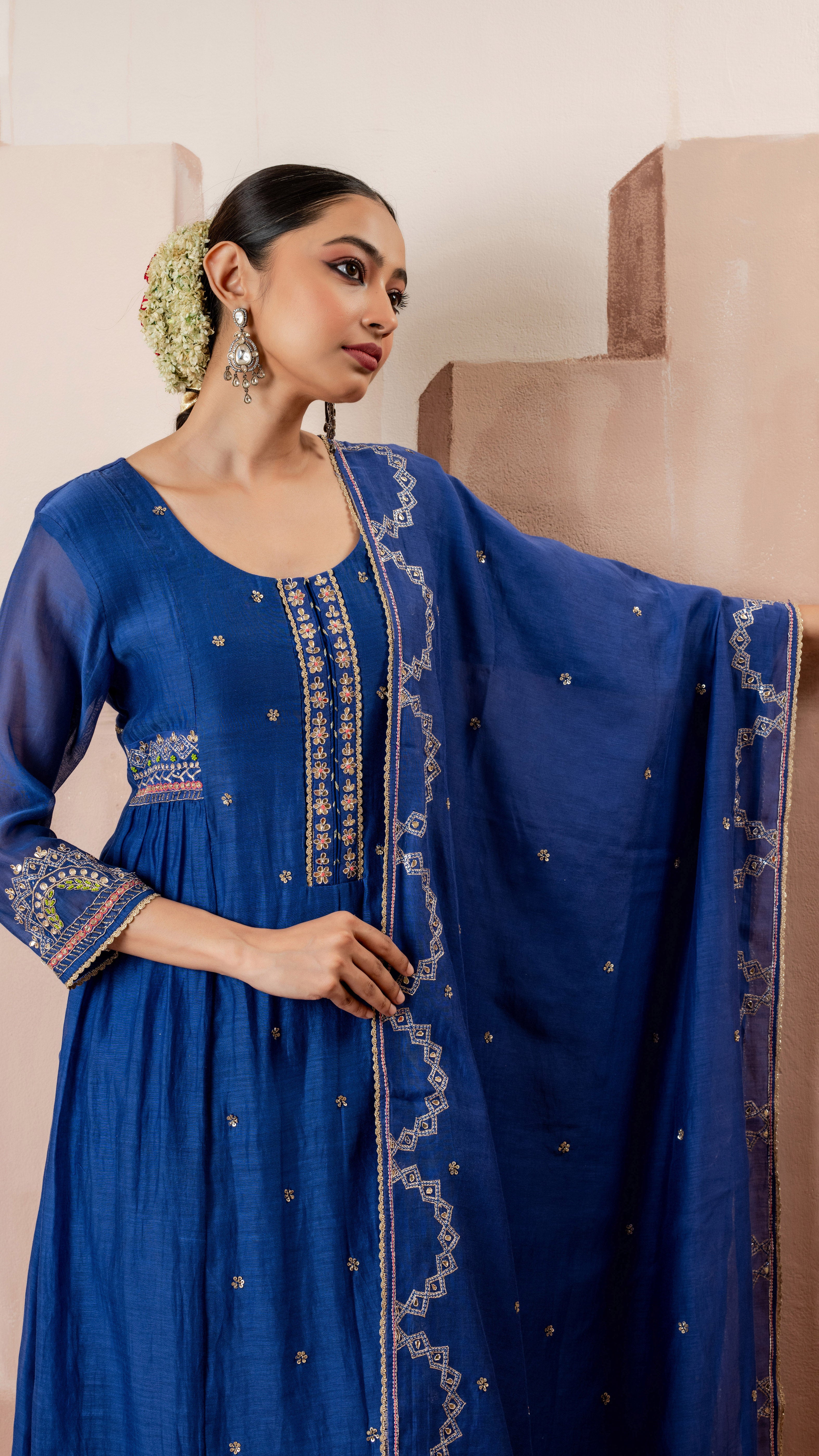 Royal Blue Multicolor Embroidered A-line Kurta Set