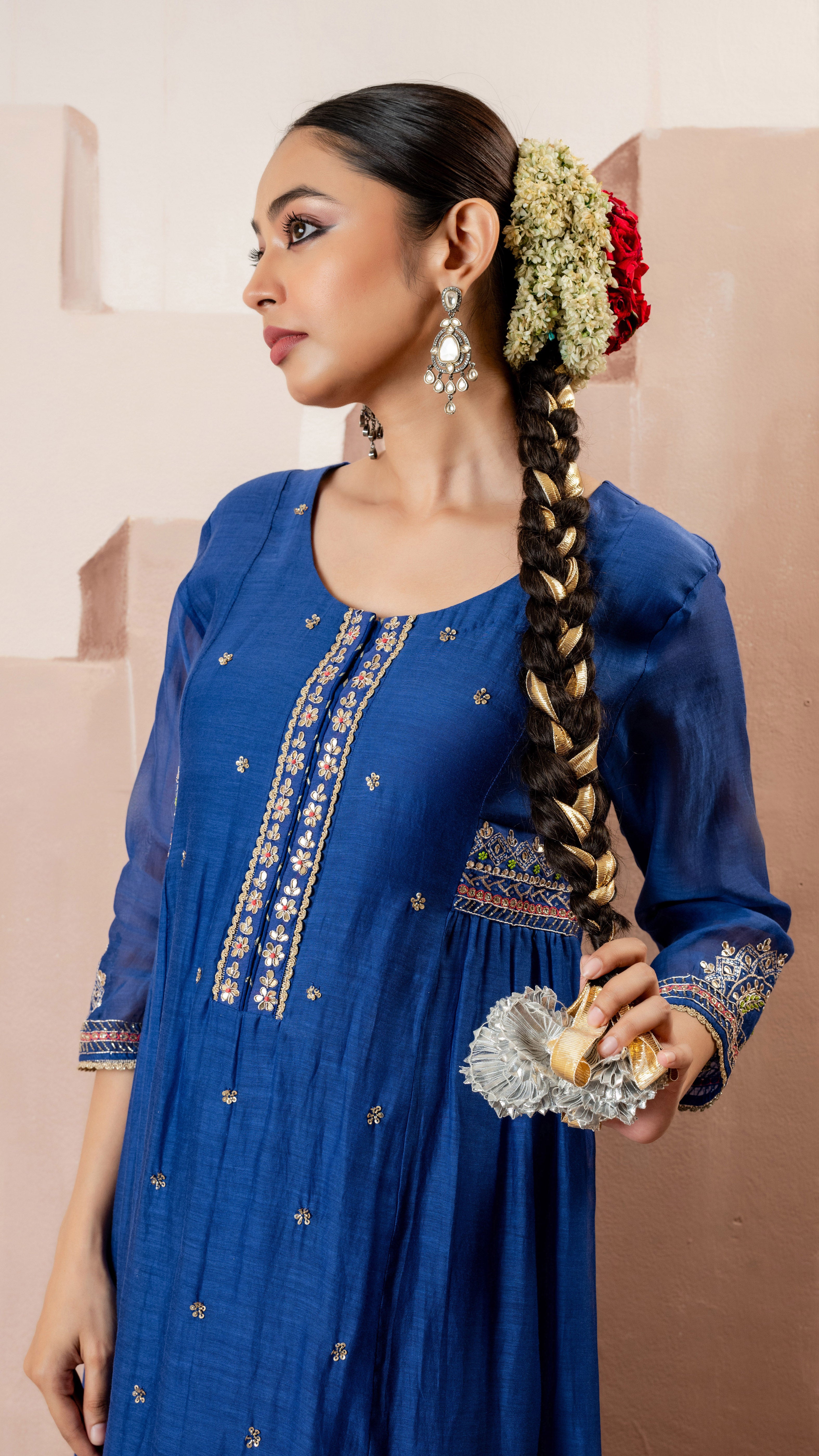 Royal Blue Multicolor Embroidered A-line Kurta Set