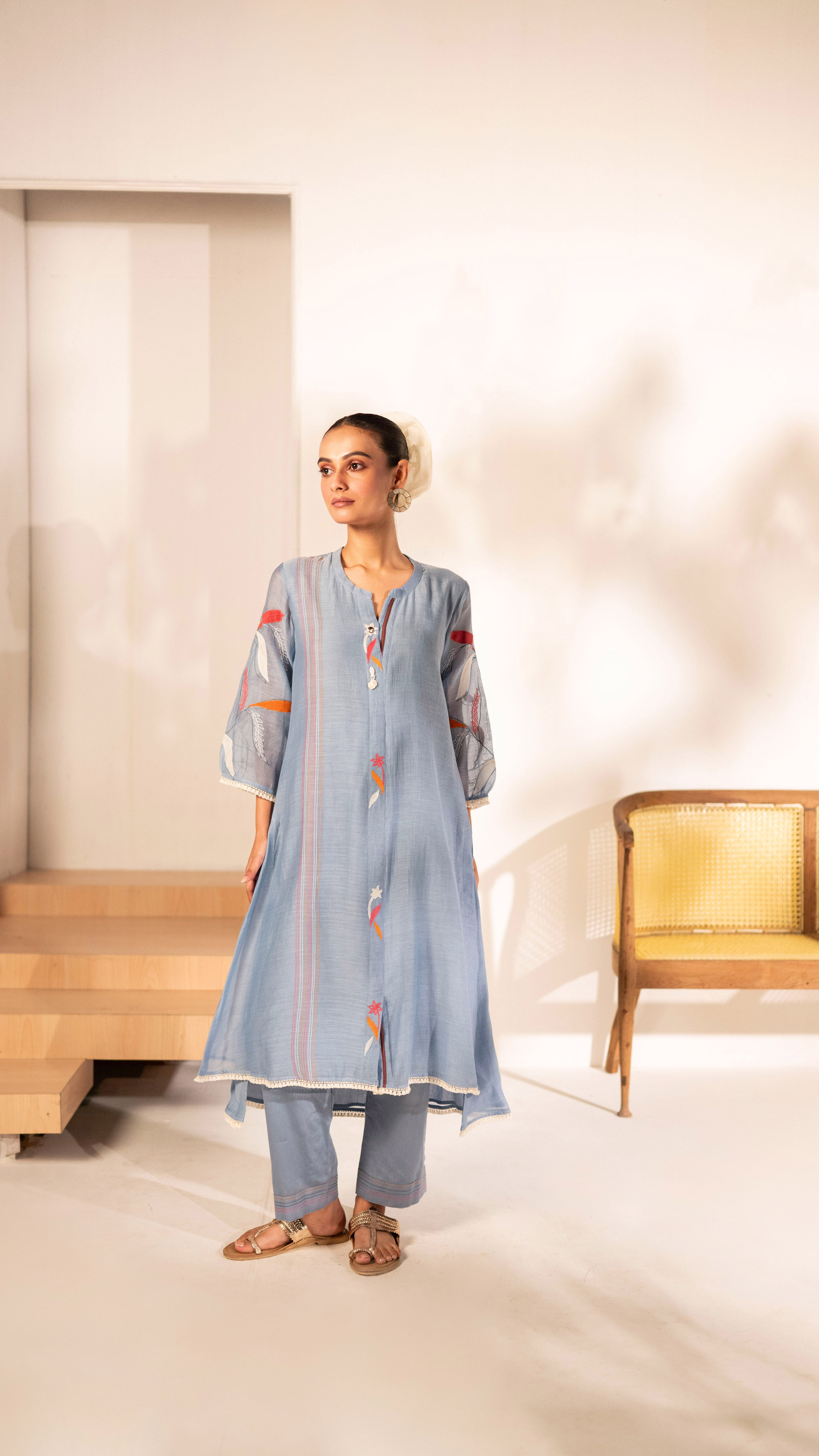 Powder Blue Mul Cotton A-line Tunic Set
