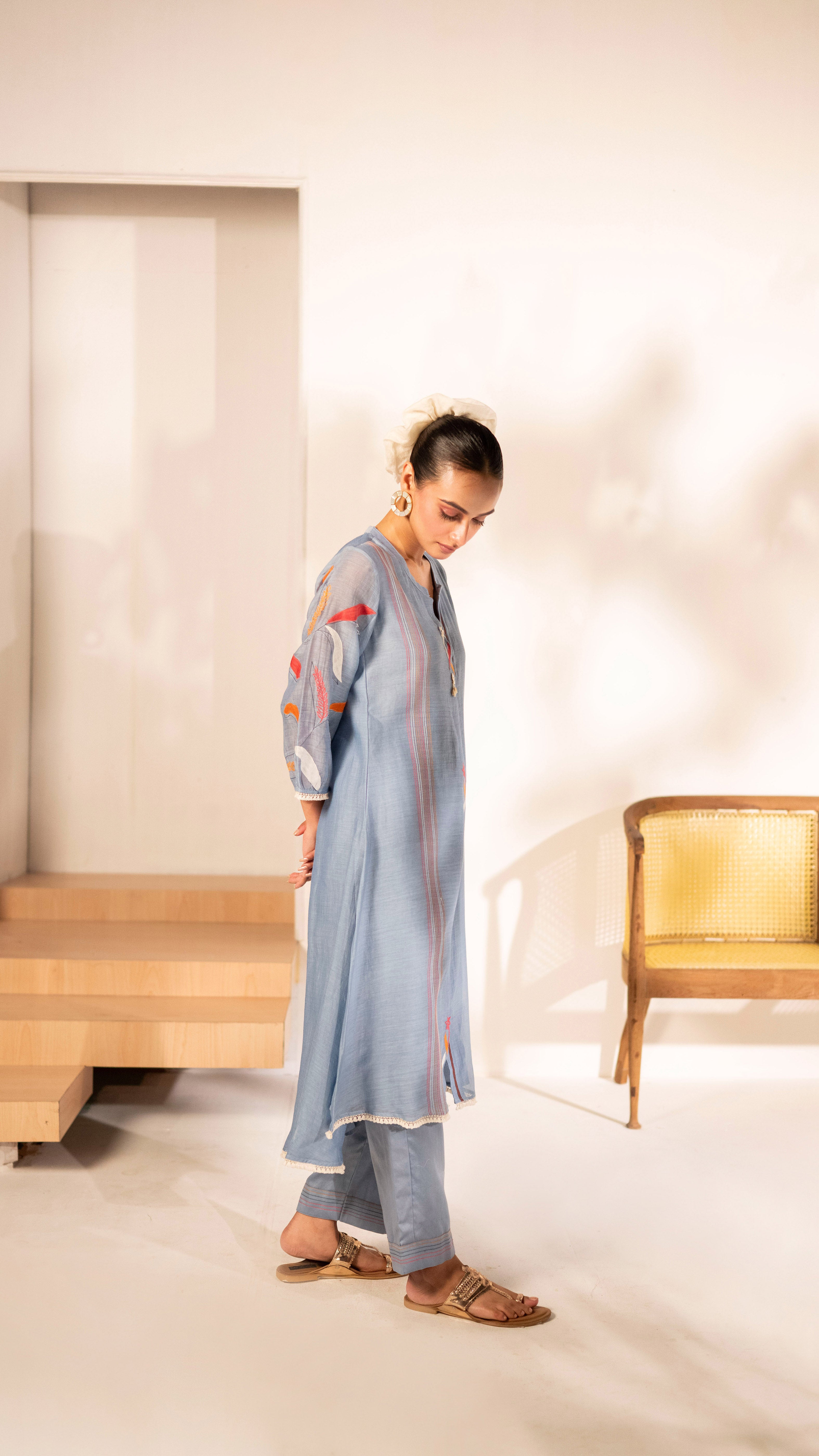 Powder Blue Mul Cotton A-line Tunic Set
