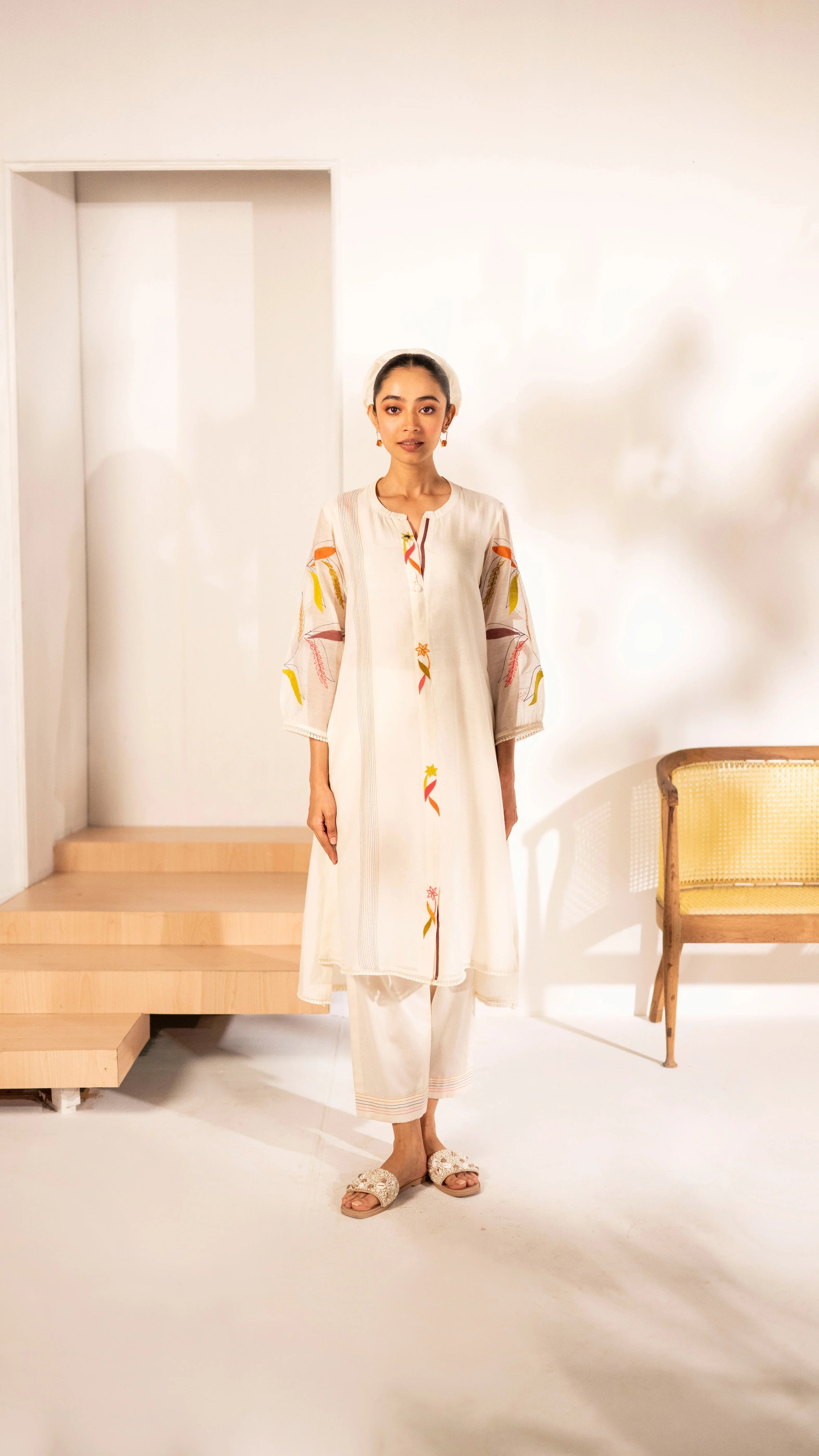 Ivory Mul Cotton A-line Tunic Set | Mokshaa