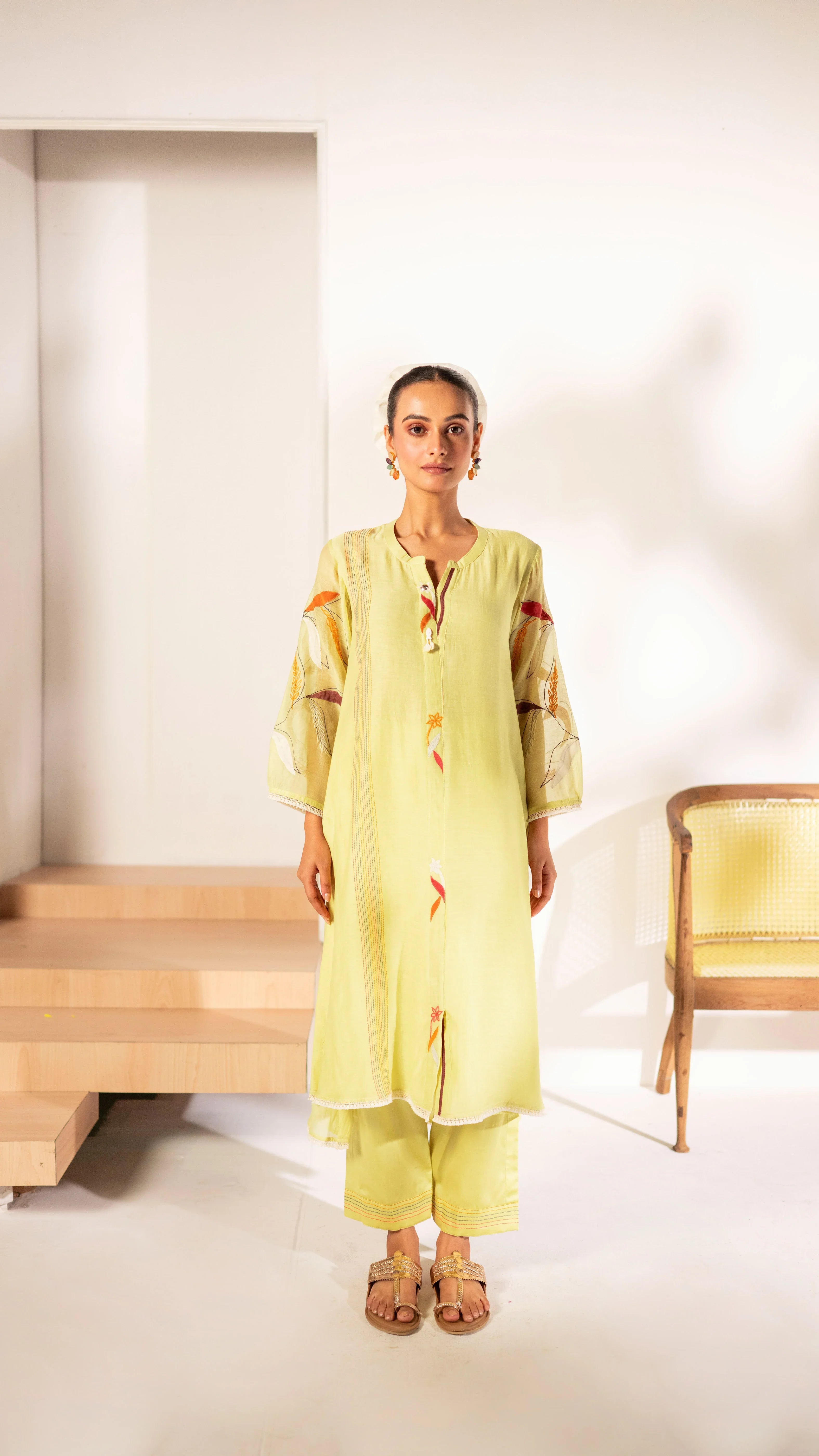 Lime Green Mul Cotton A-line Tunic Set | Mokshaa