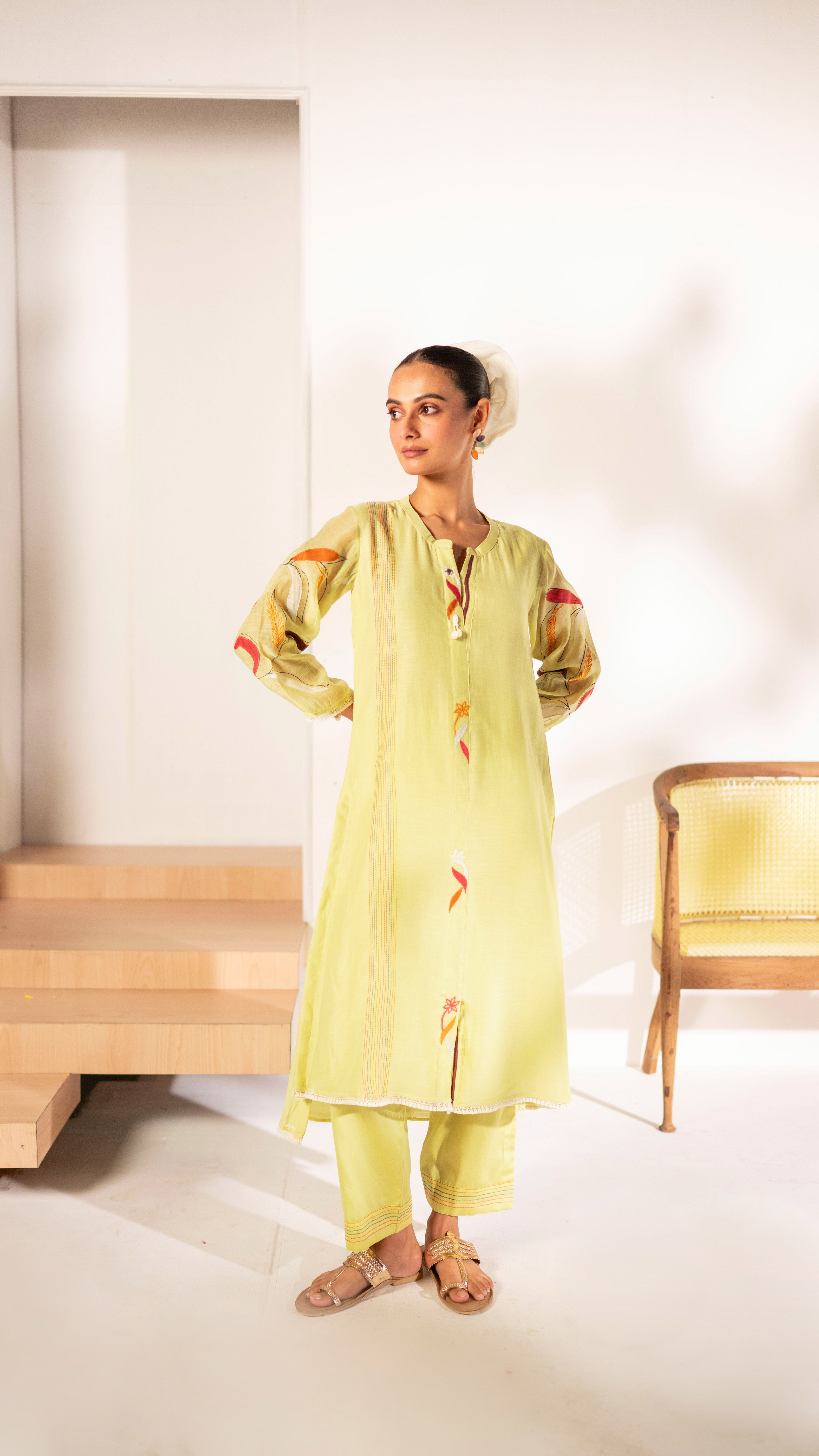 Lime Green Mul Cotton A-line Tunic Set