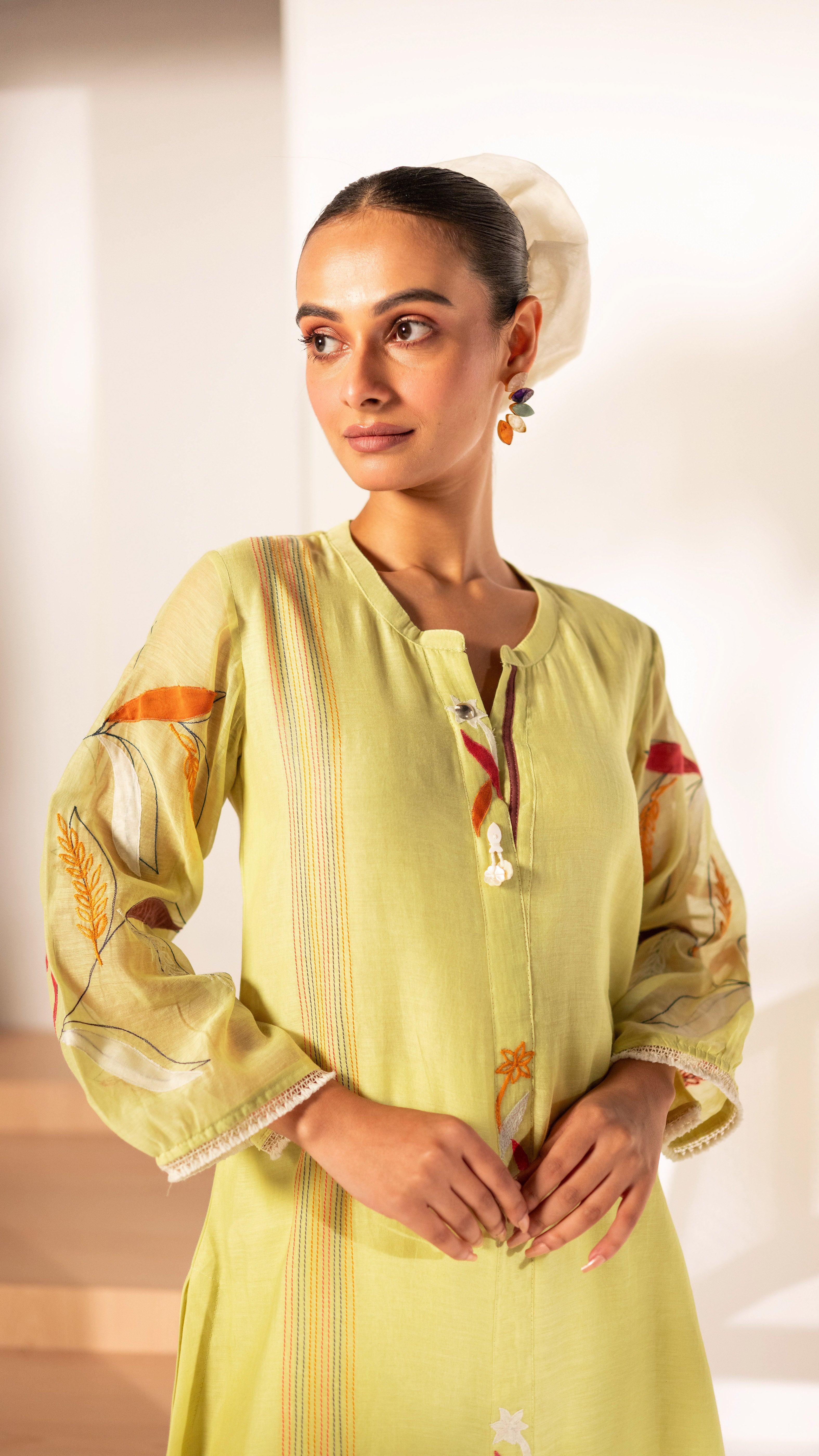 Lime Green Mul Cotton A-line Tunic Set