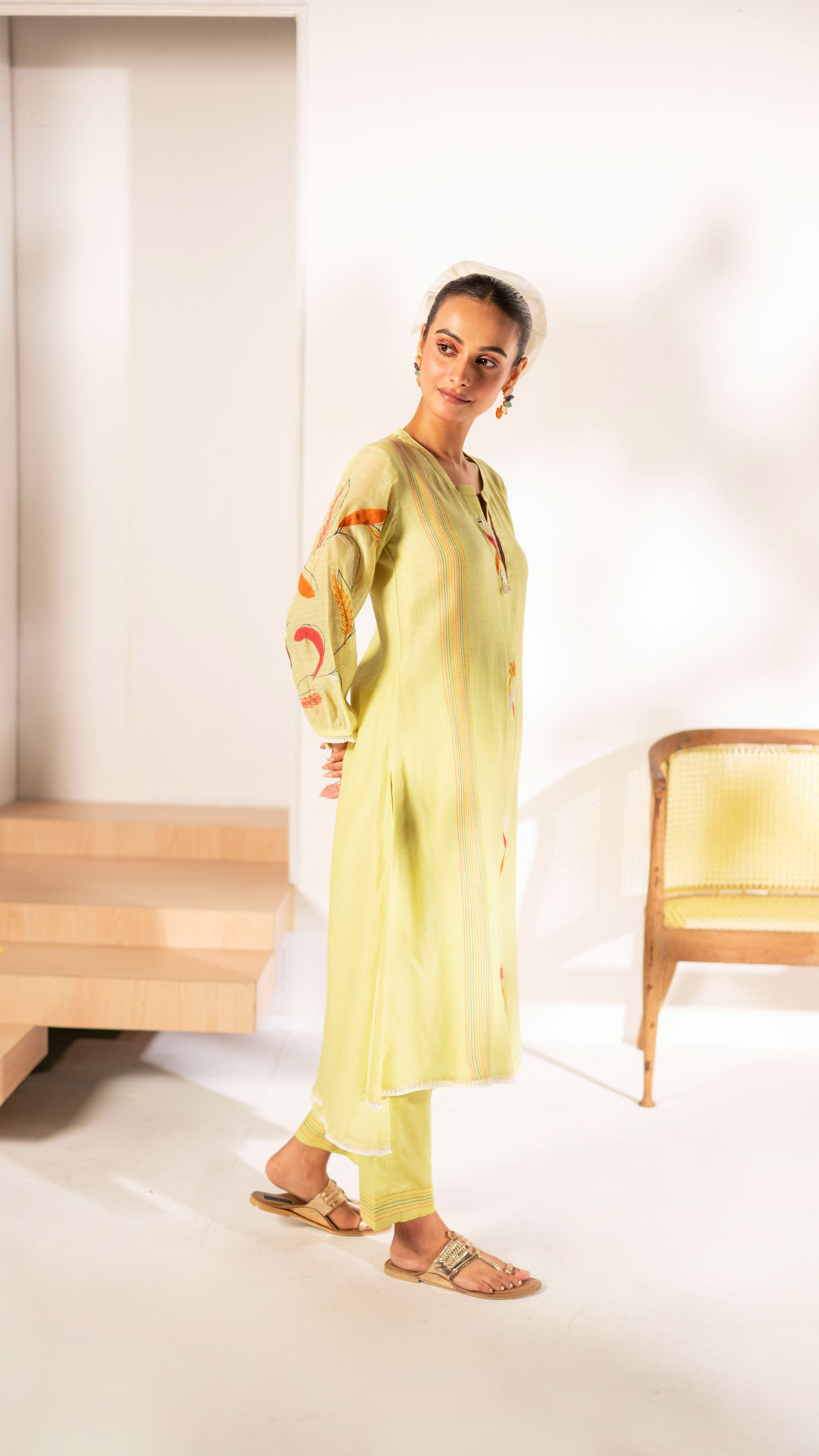 Lime Green Mul Cotton A-line Tunic Set