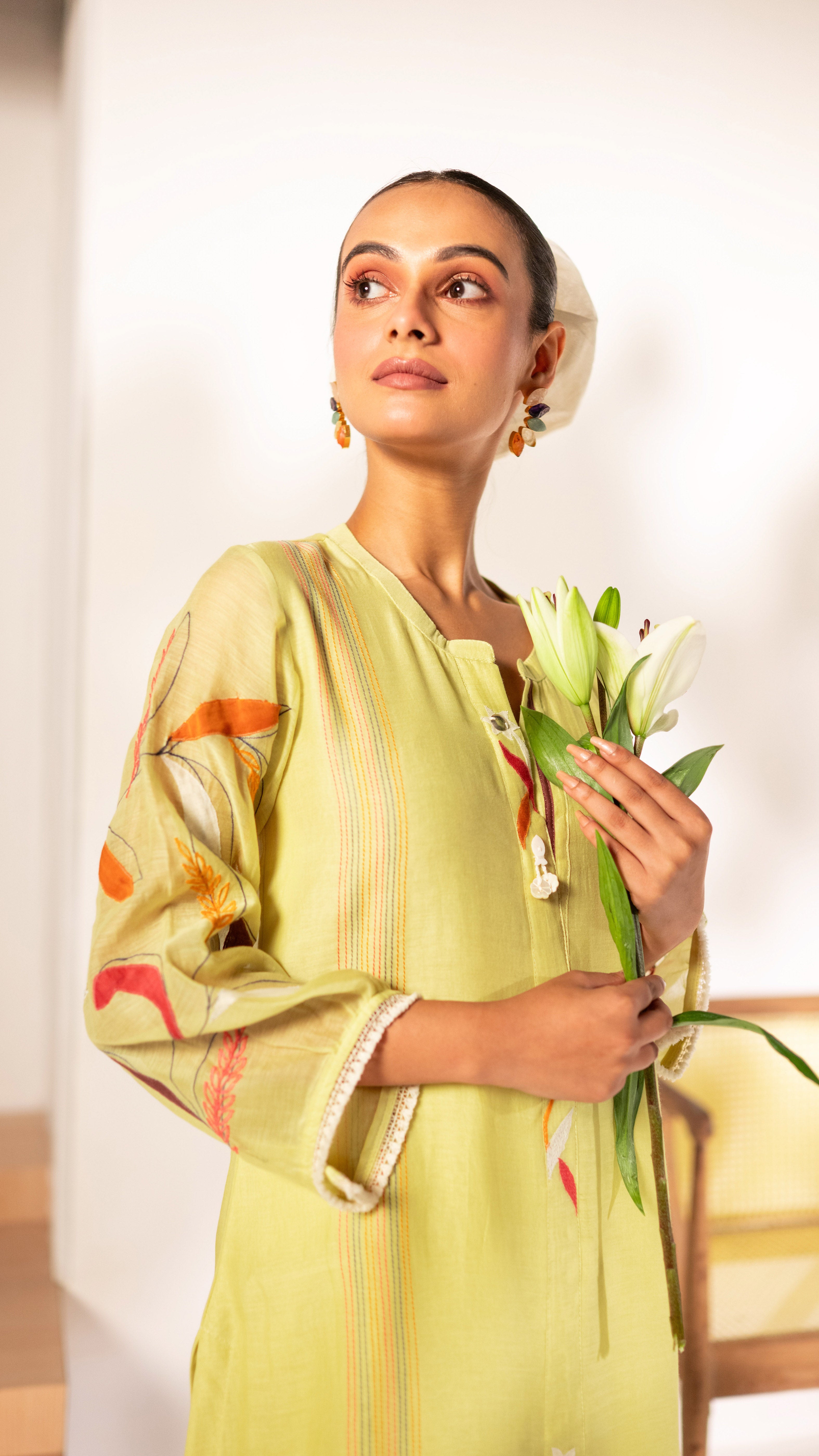 Lime Green Mul Cotton A-line Tunic Set