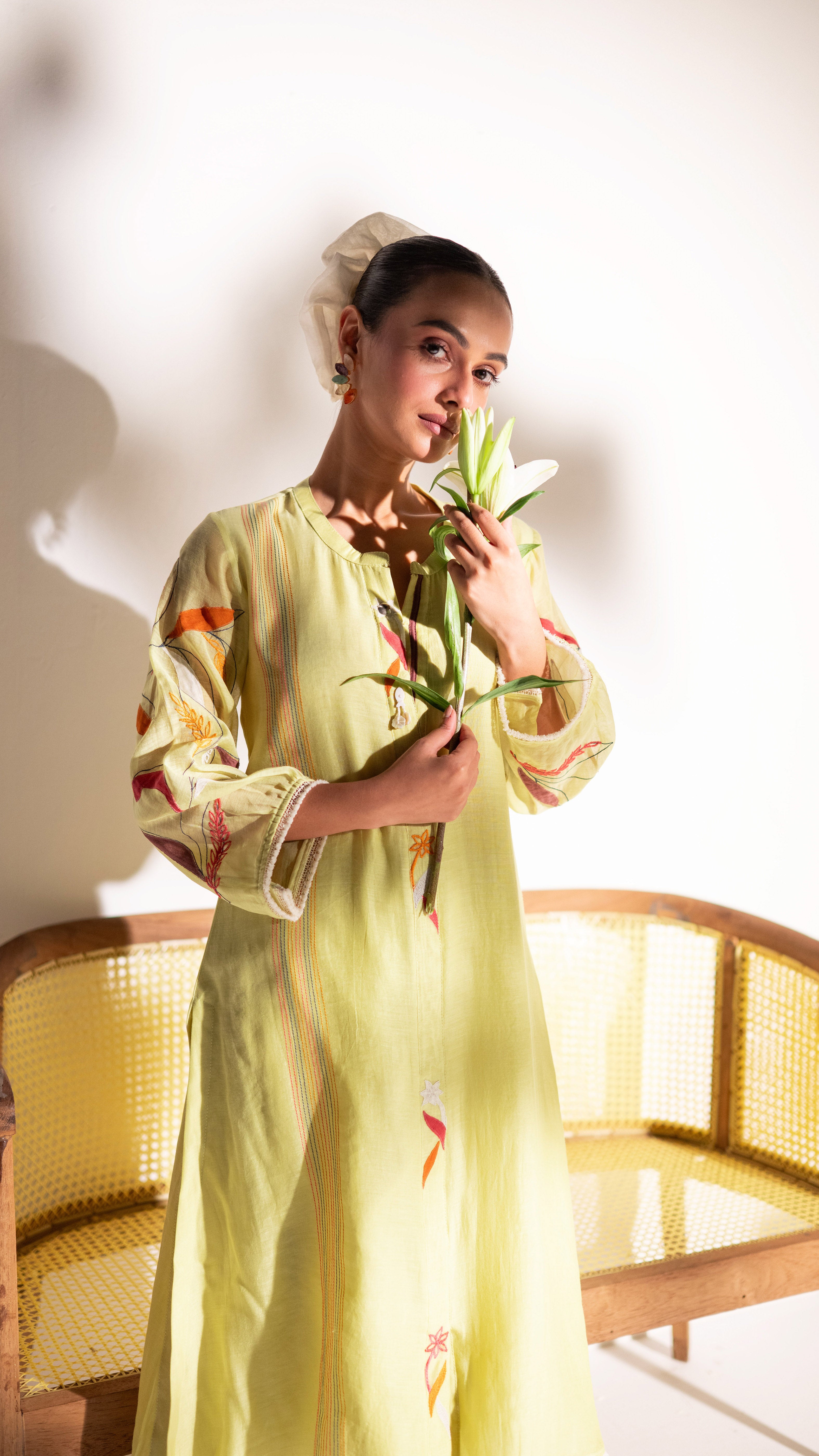 Lime Green Mul Cotton A-line Tunic Set