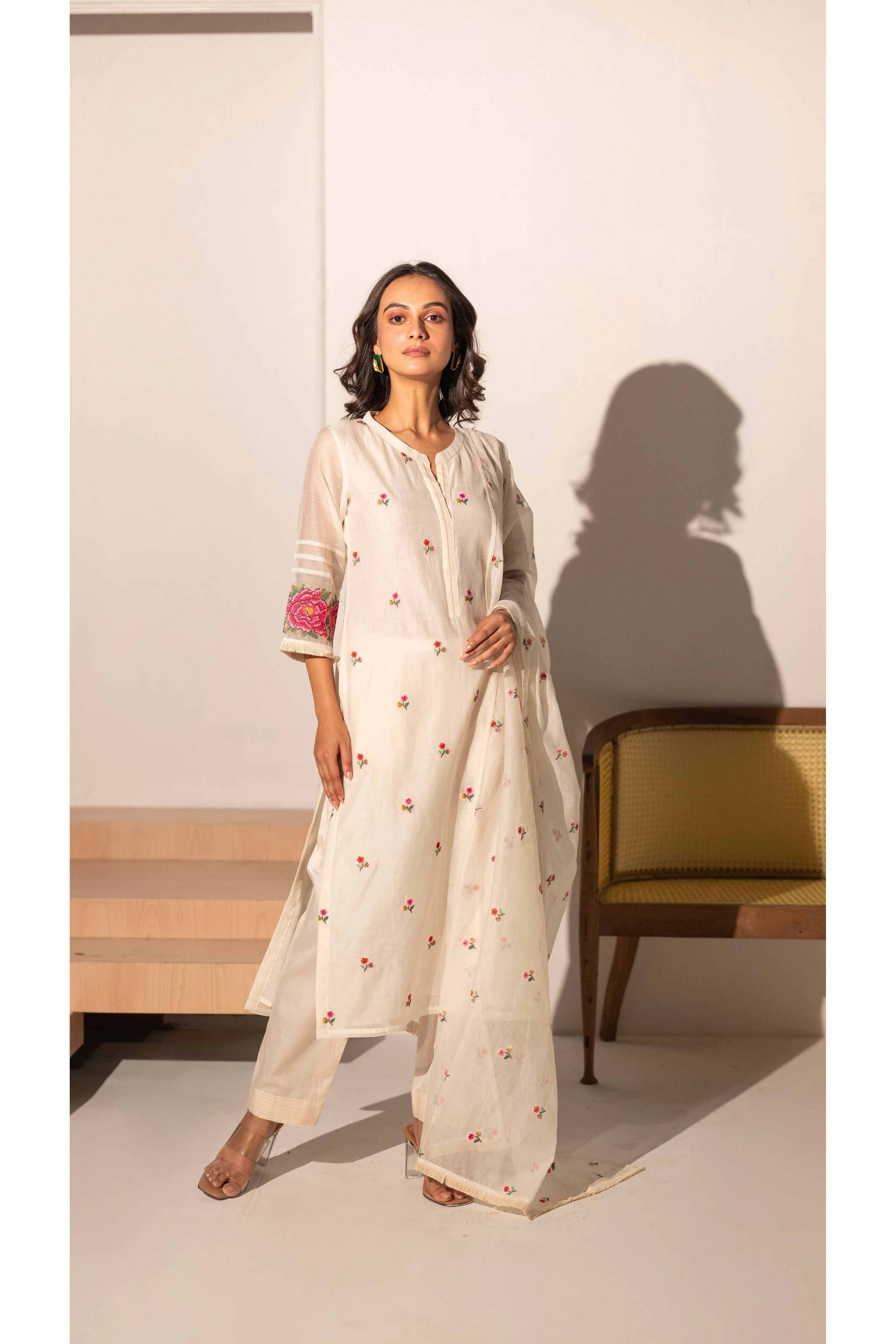 Ivory Mul Chanderi Straight Salwar Set - Mokshaa