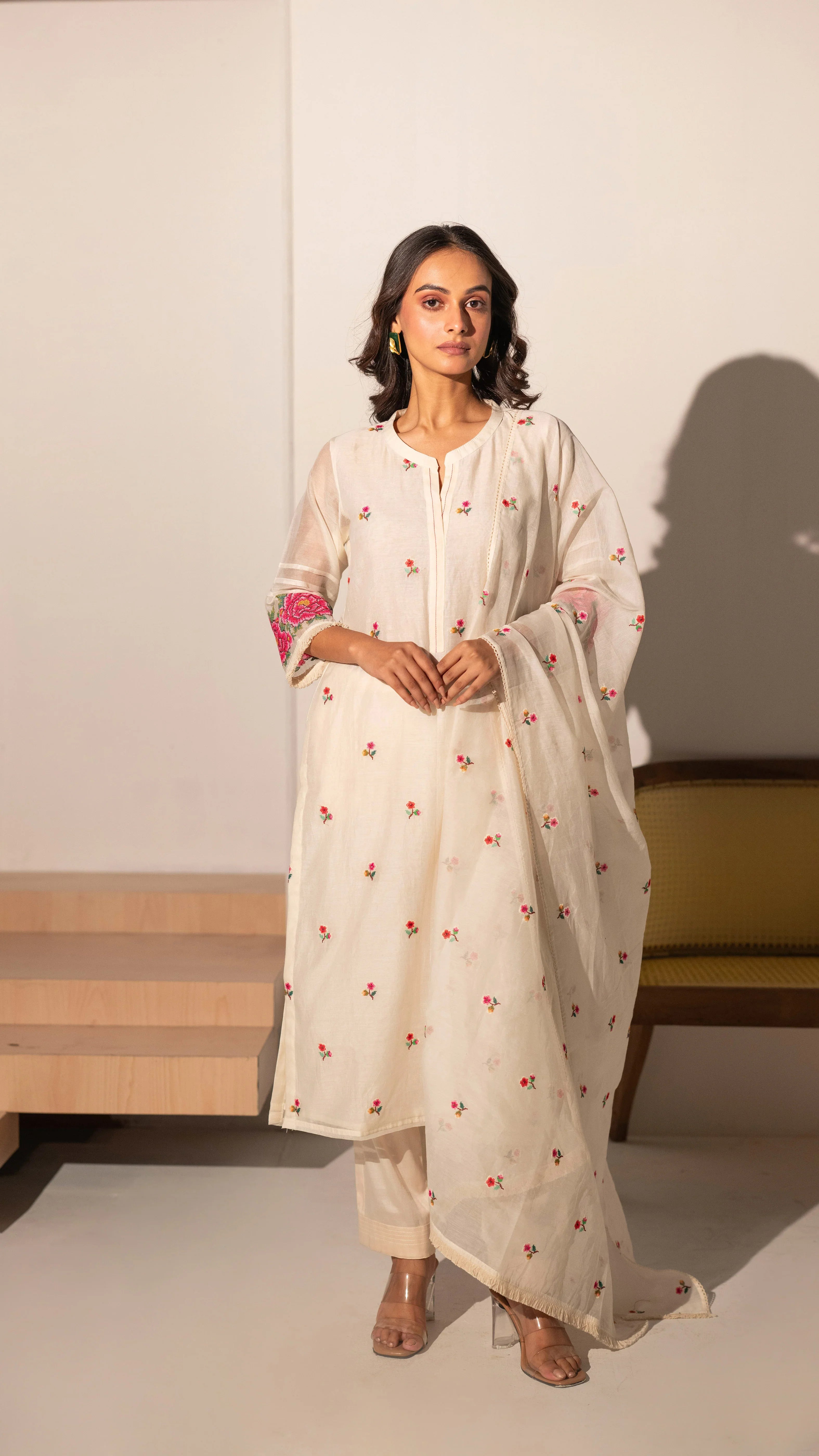 Ivory Mul Chanderi Straight Salwar Set | Mokshaa