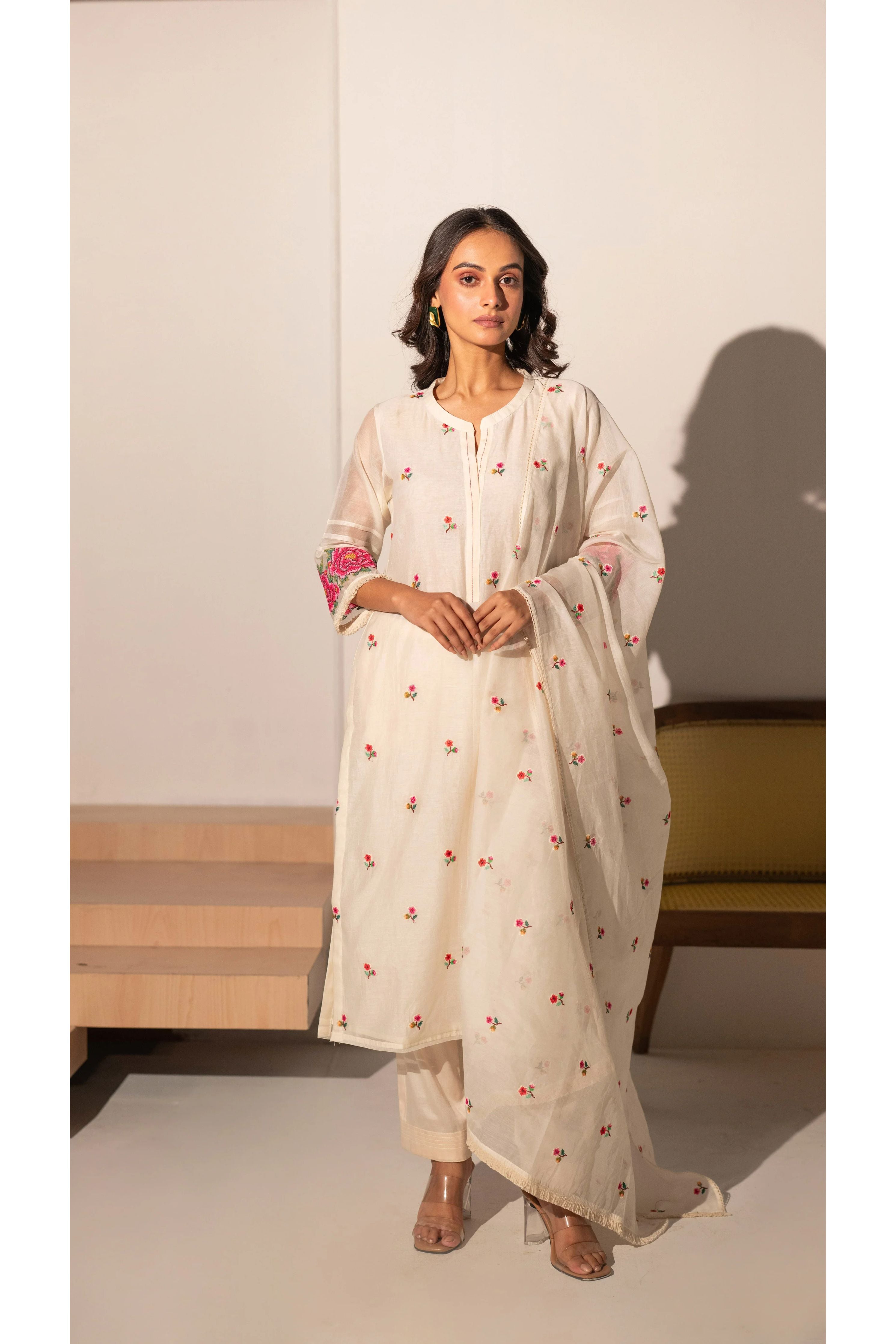 Ivory Mul Chanderi Straight Salwar Set - Mokshaa