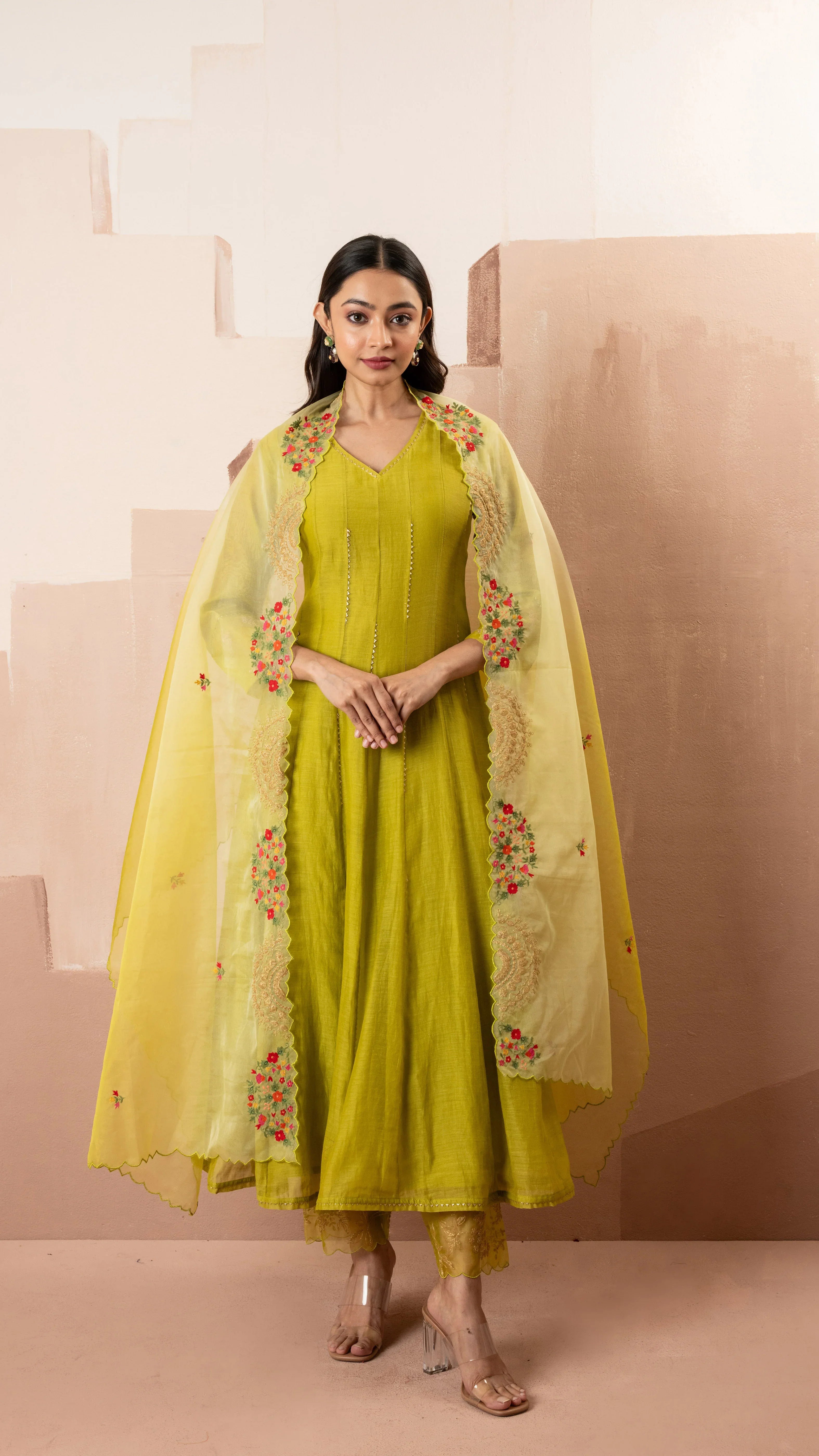 Lime Green Mul Chanderi Anarkali Set | Mokshaa