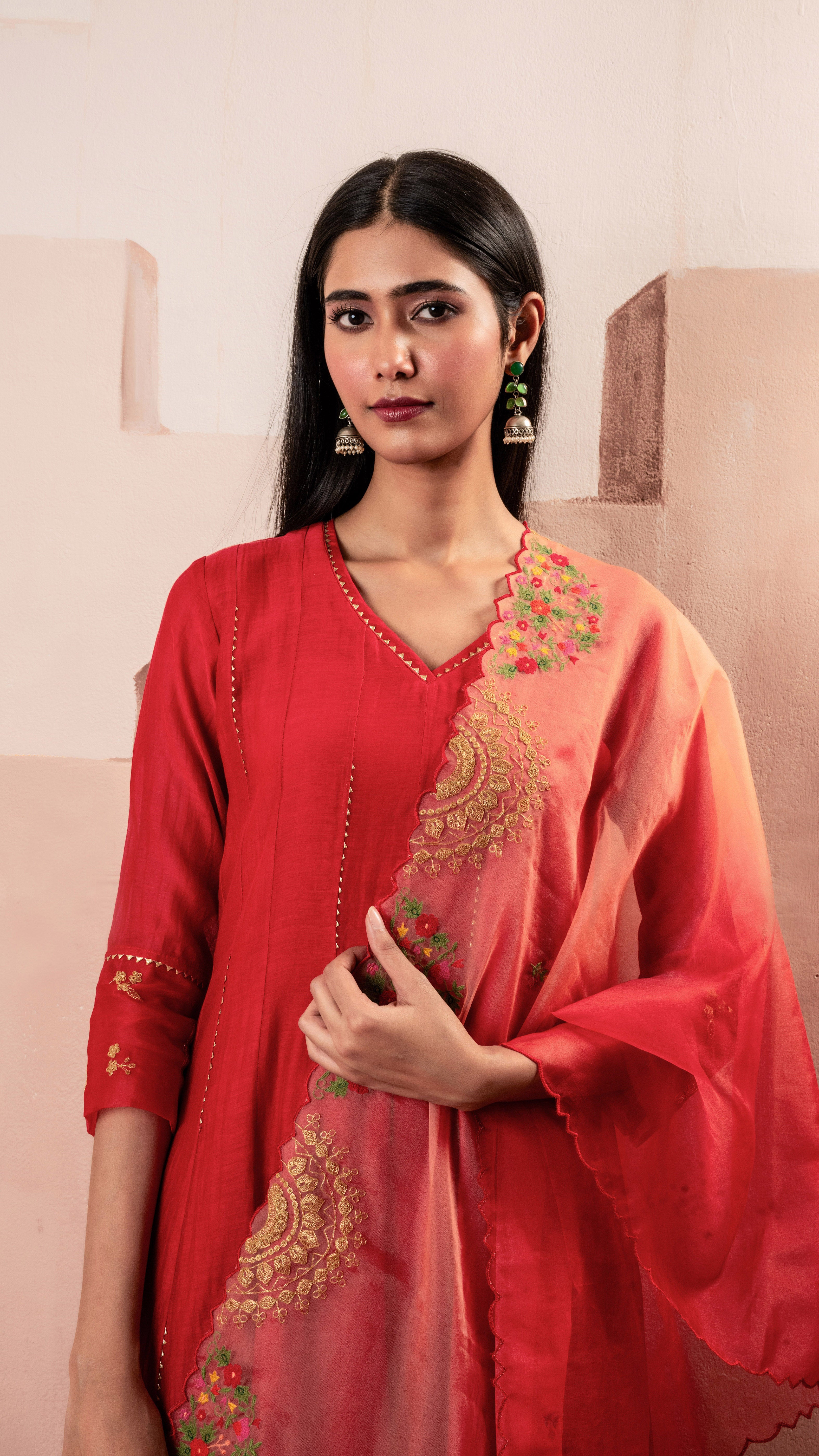 Red Mul Chanderi Anarkali Set