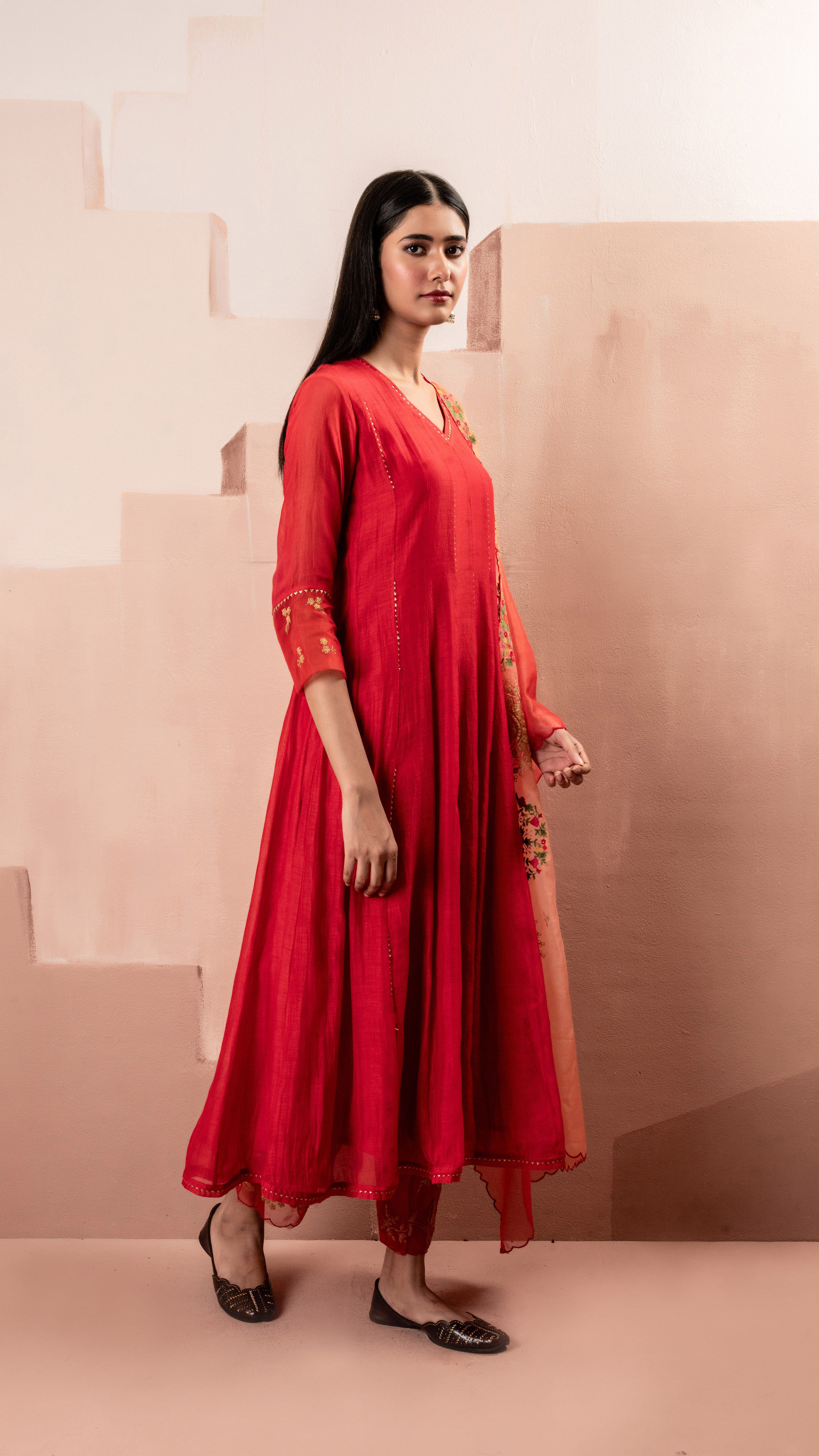 Red Mul Chanderi Anarkali Set