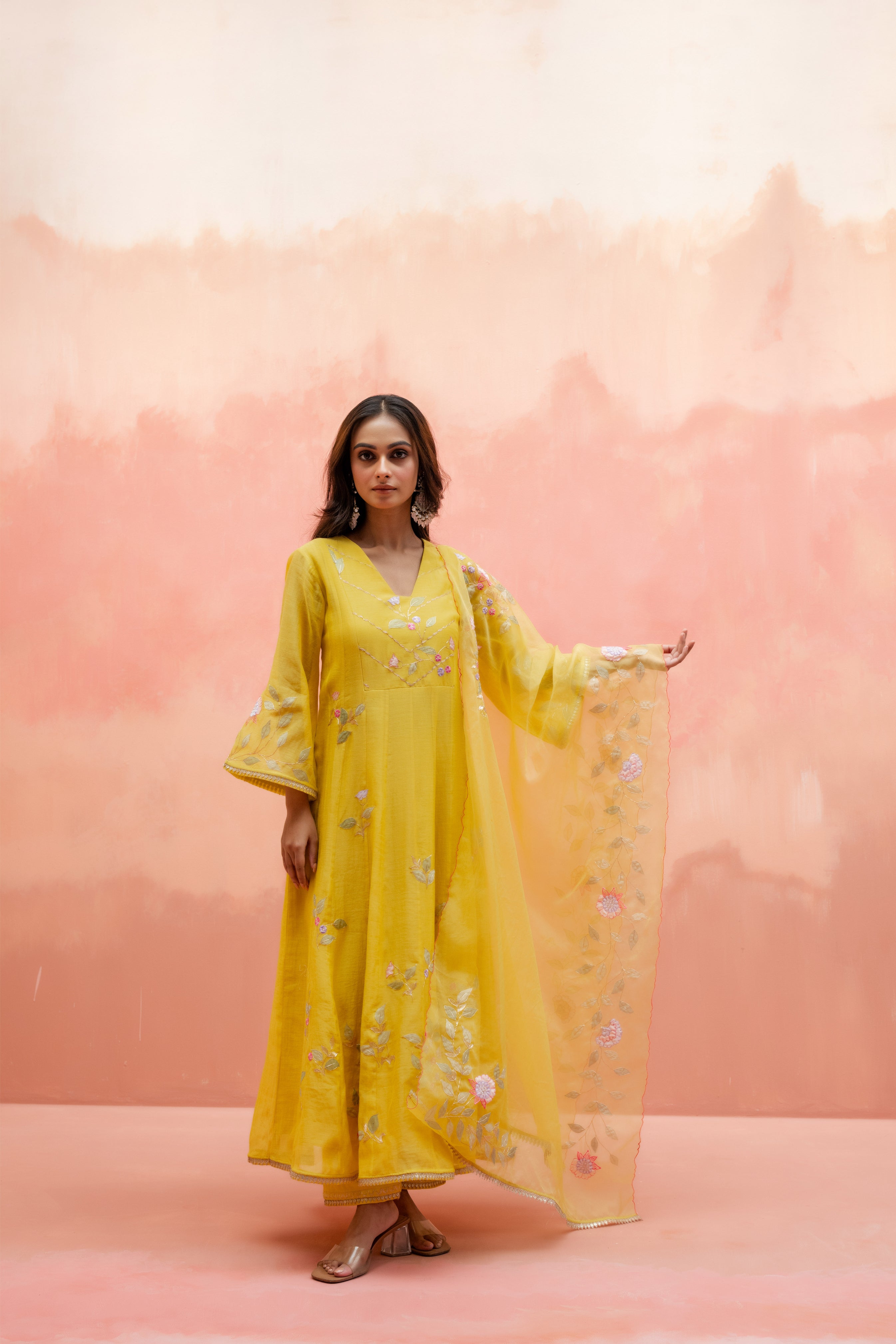 Yellow Mul Cotton Anarkali Set with Embroidered Organza Dupatta