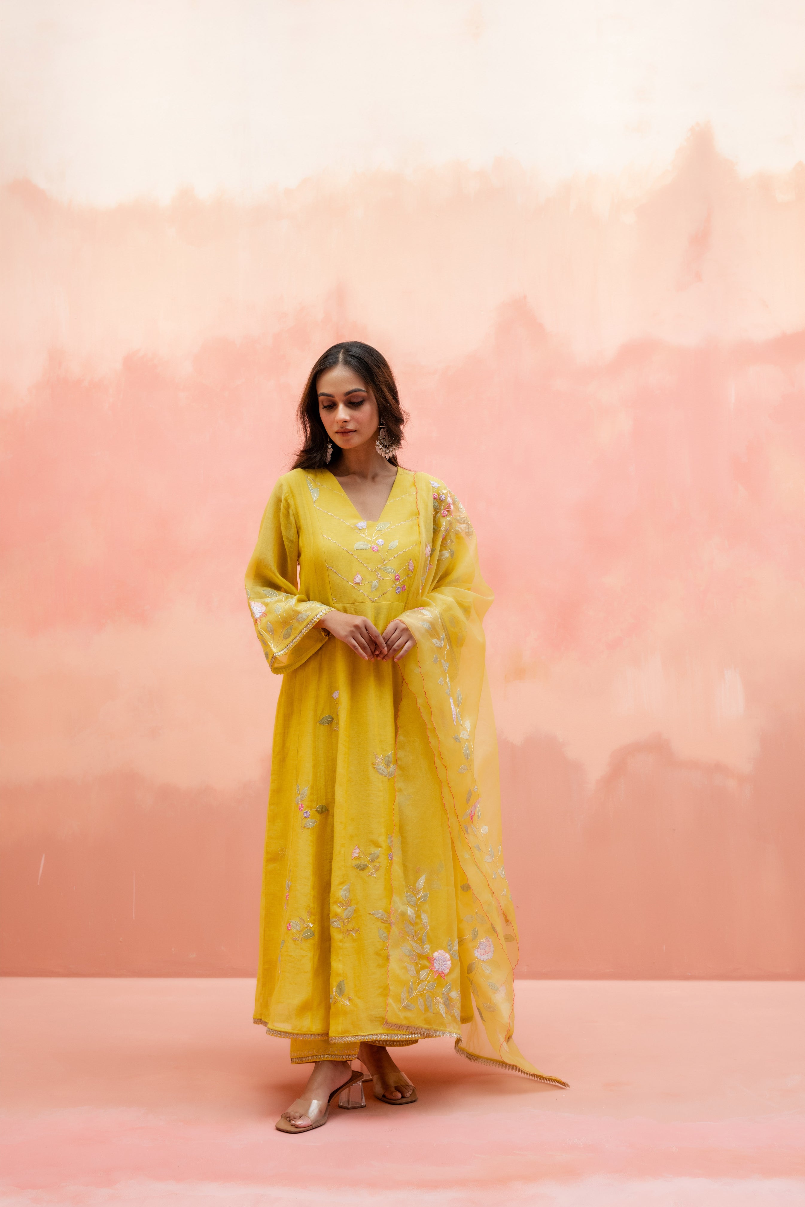 Yellow Mul Cotton Anarkali Set with Embroidered Organza Dupatta