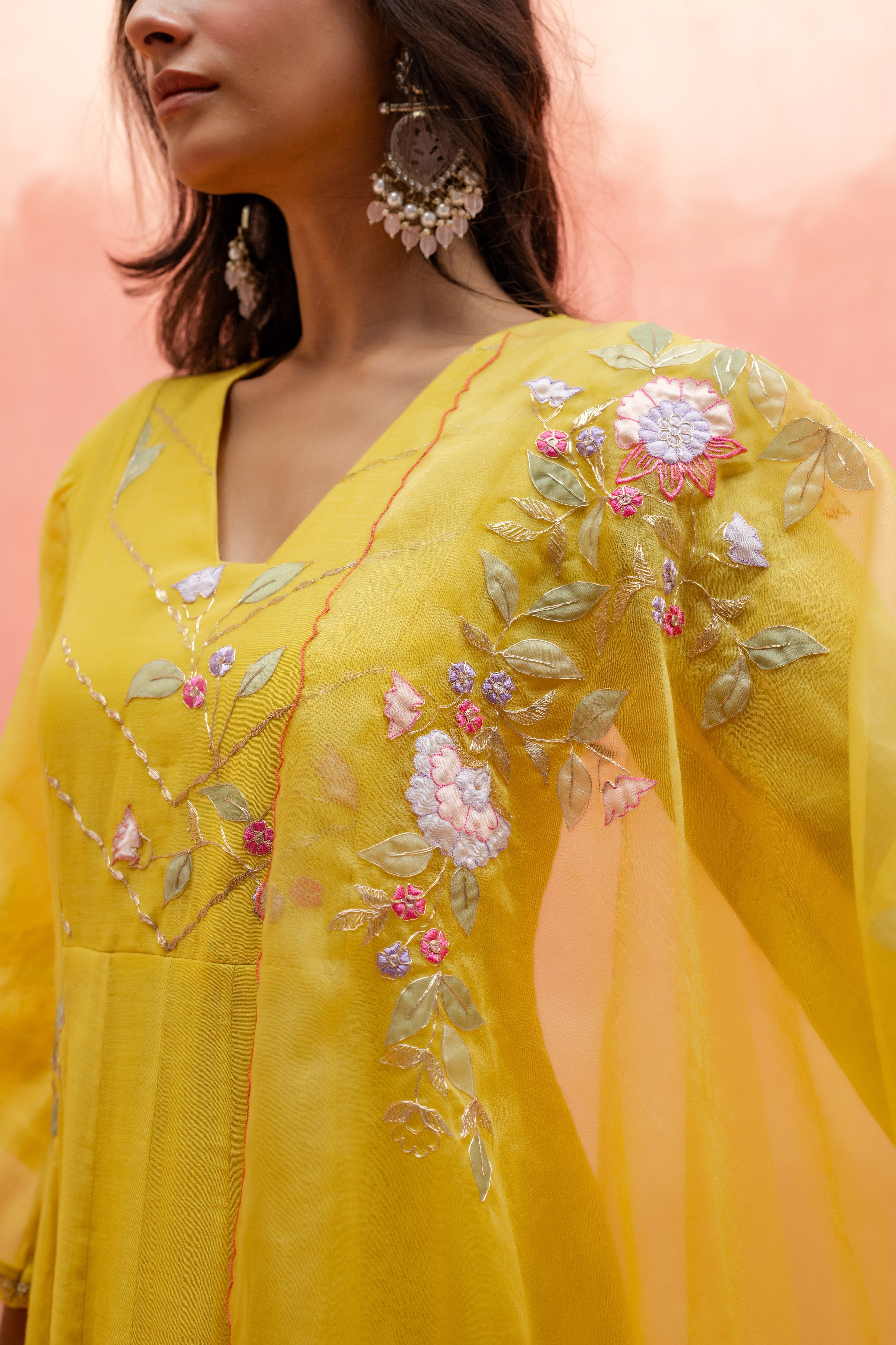 Yellow Mul Cotton Anarkali Set with Embroidered Organza Dupatta