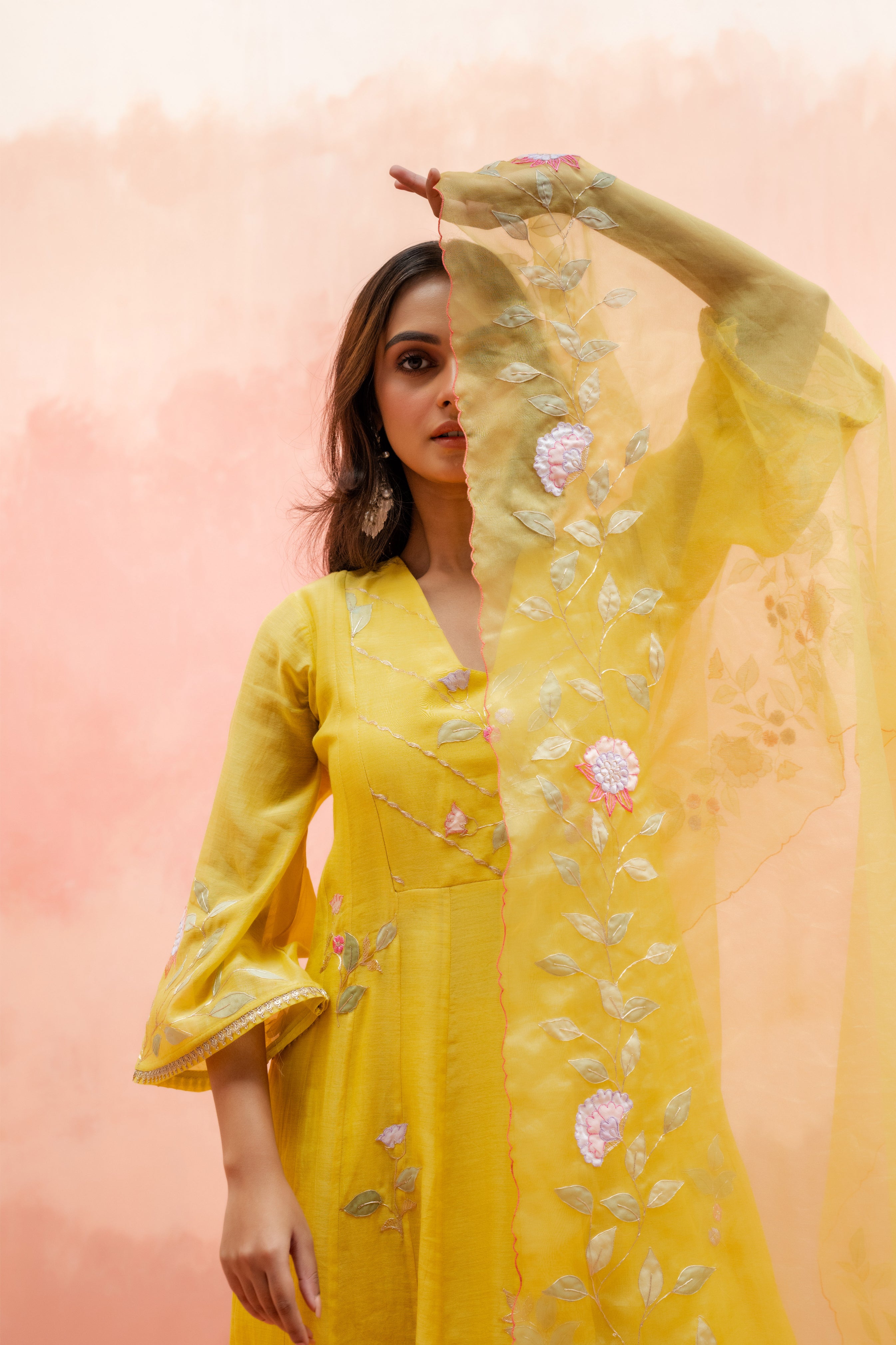 Yellow Mul Cotton Anarkali Set with Embroidered Organza Dupatta