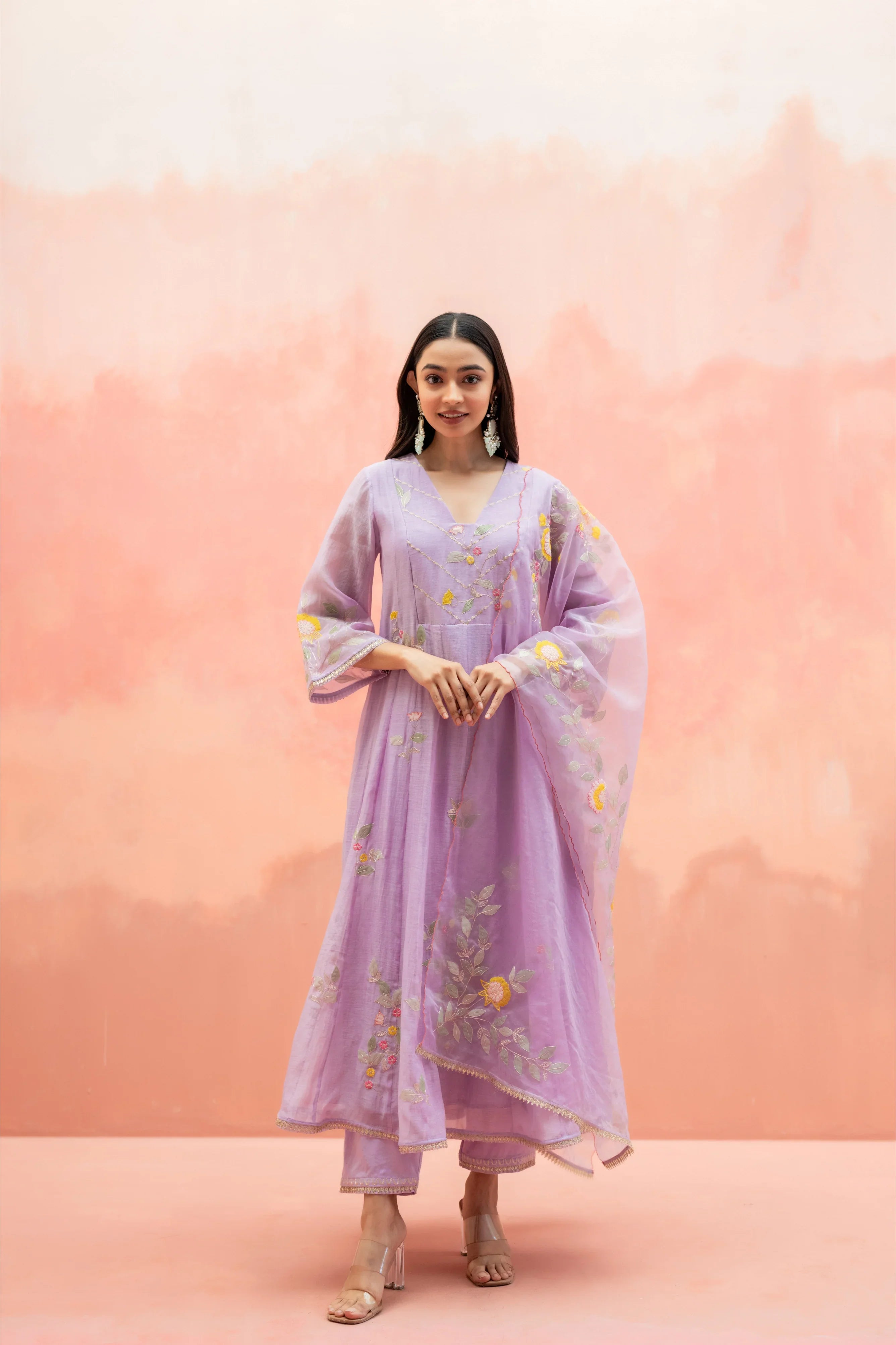 Lavender Mul Cotton Anarkali Set with Organza Dupatta | Mokshaa