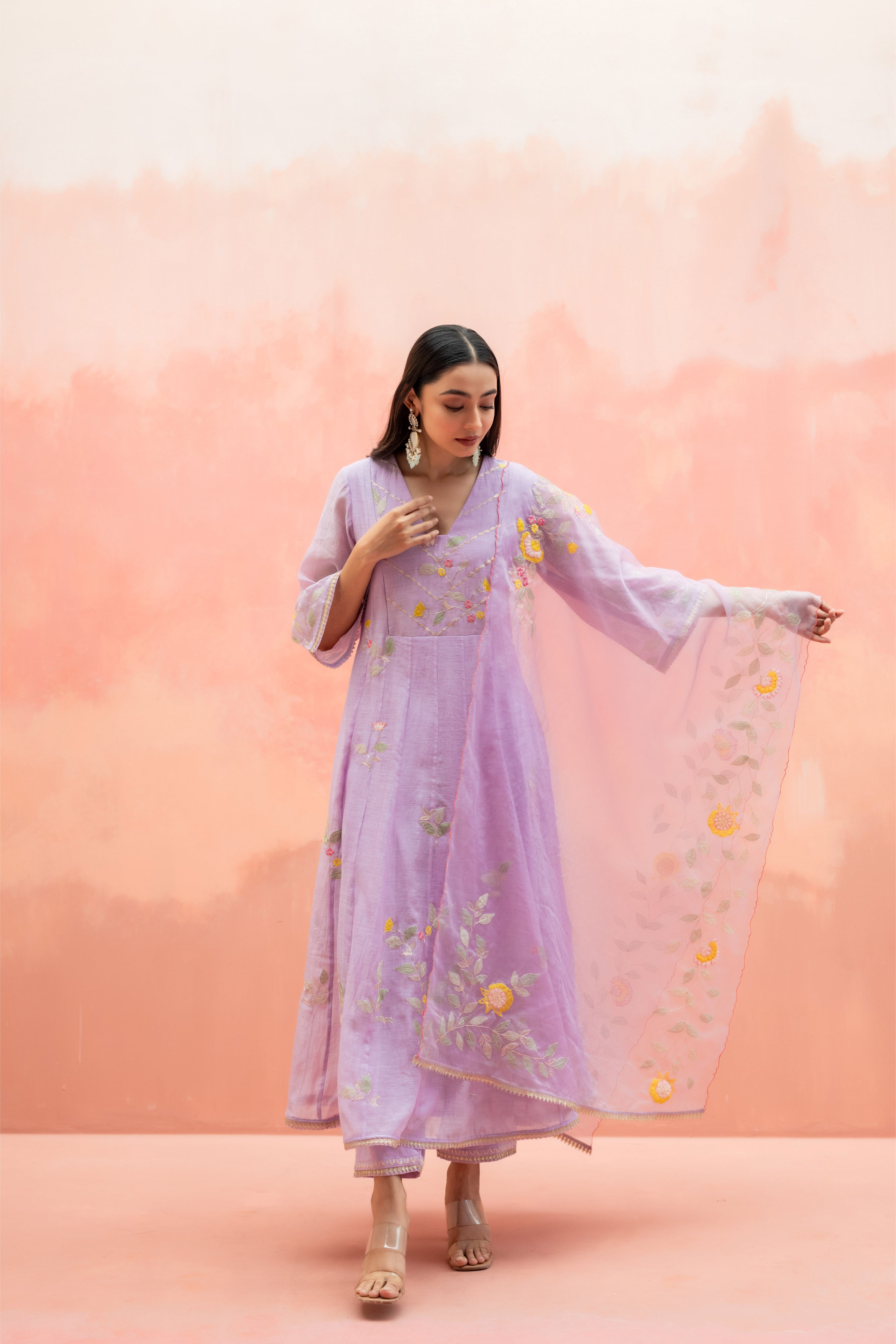 Lavender Mul Cotton Anarkali Set with Organza Dupatta