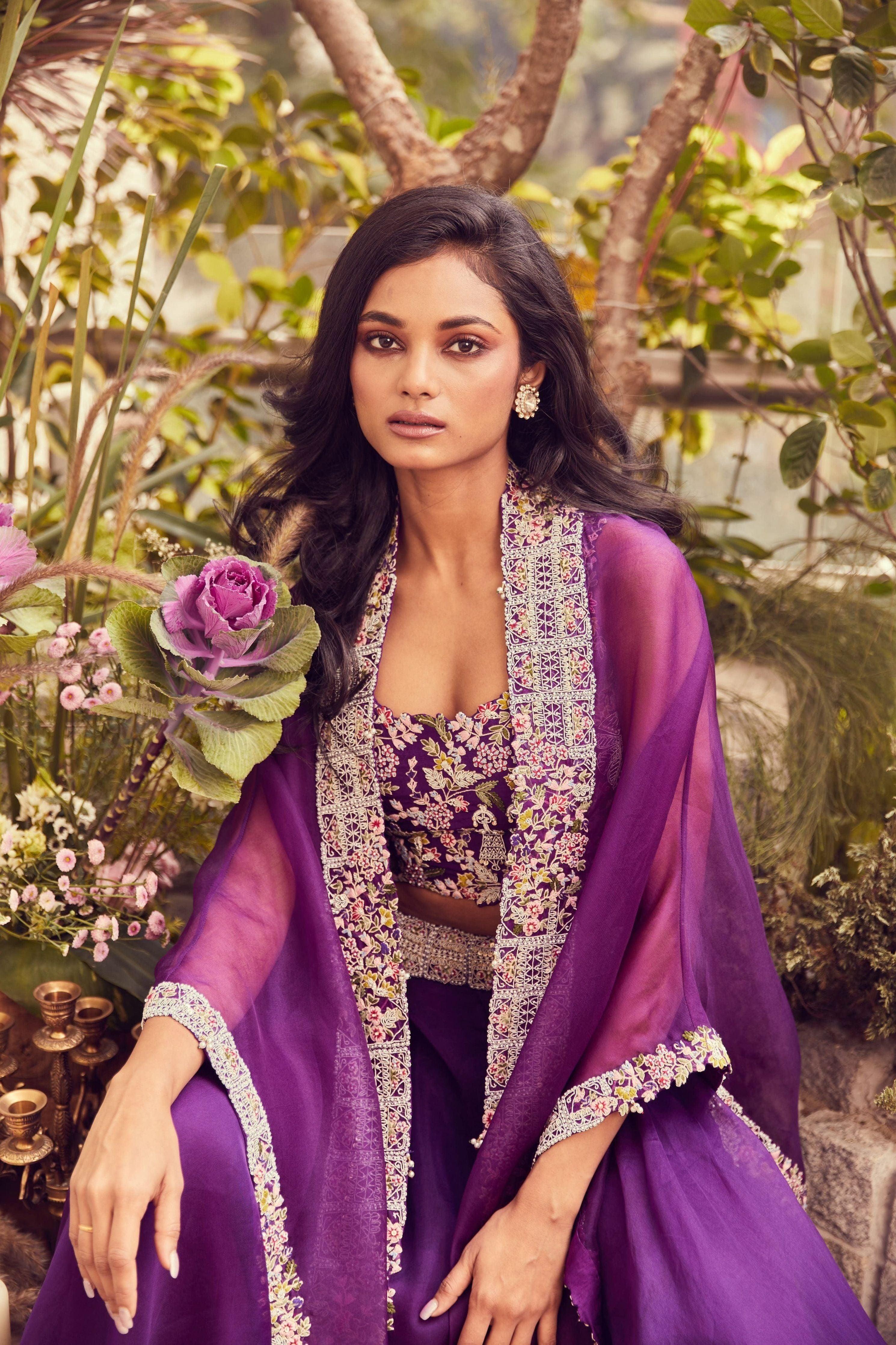 Dark aubergine silk blouse with organza cape and skirt  Mokshaa