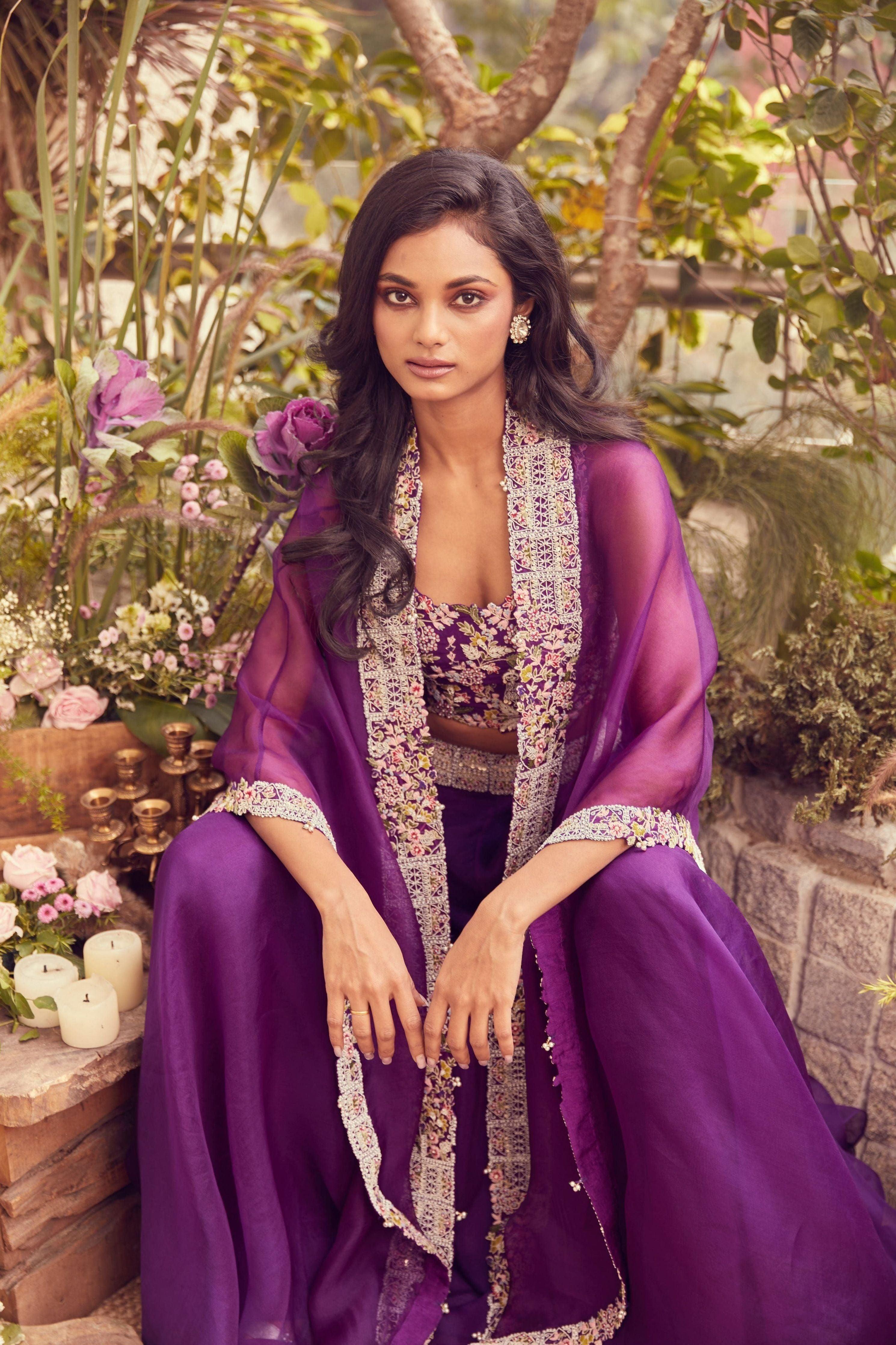 Dark aubergine silk blouse with organza cape and skirt  Mokshaa