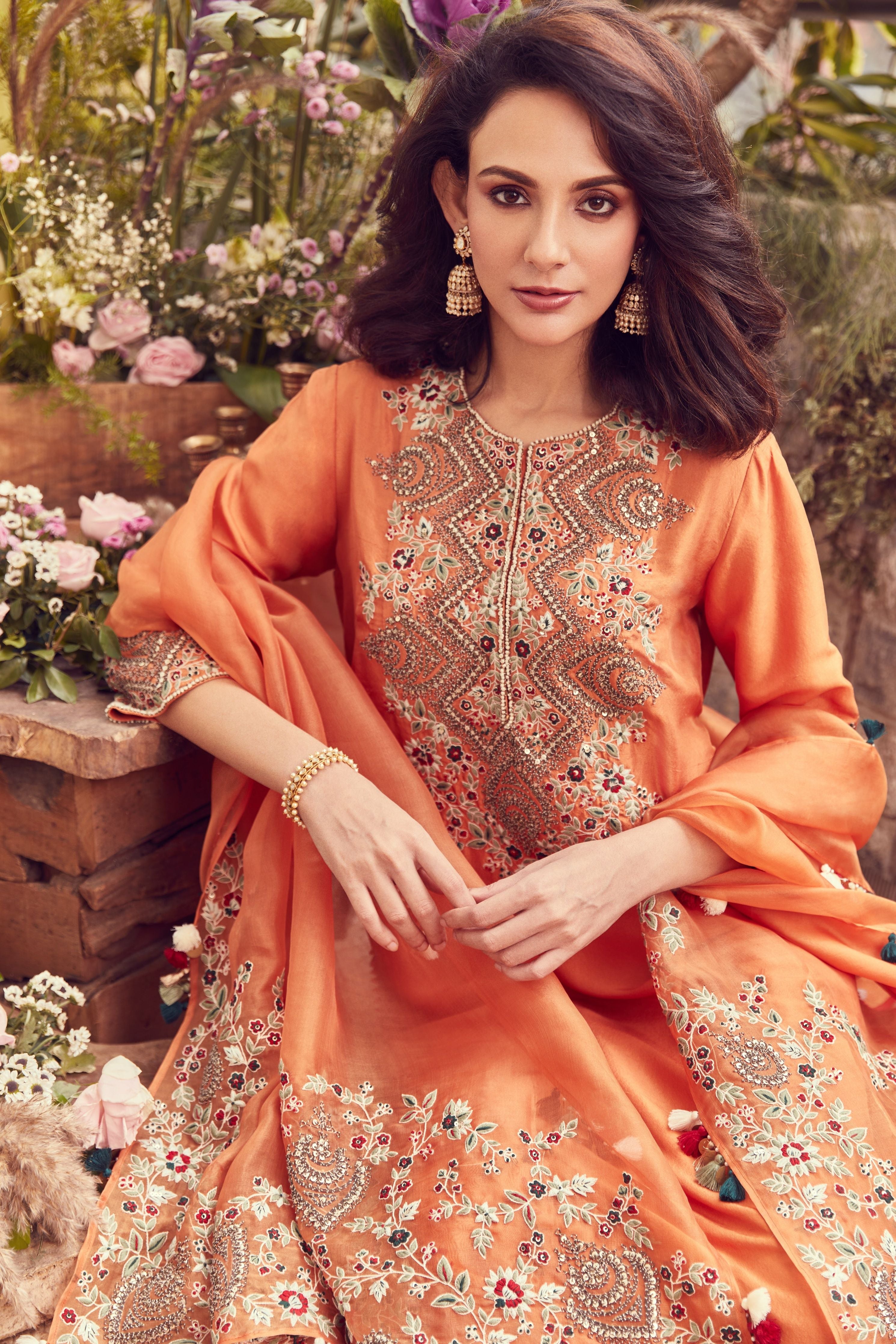 Rust silk kurta with cotton satin sharara and organza dupatta Mokshaa