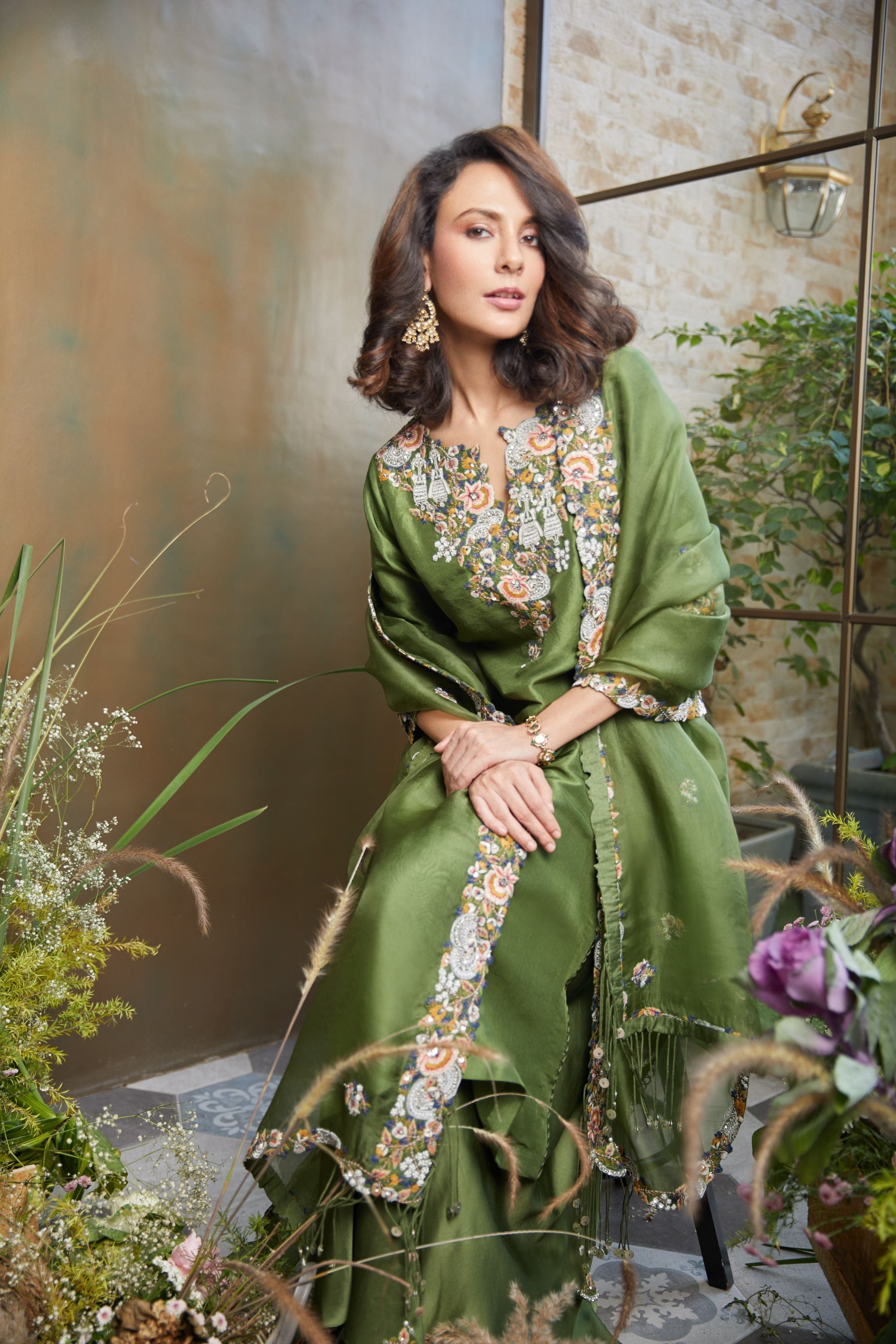 Green silk kurta with cotton satin sharara and organza dupatta Mokshaa