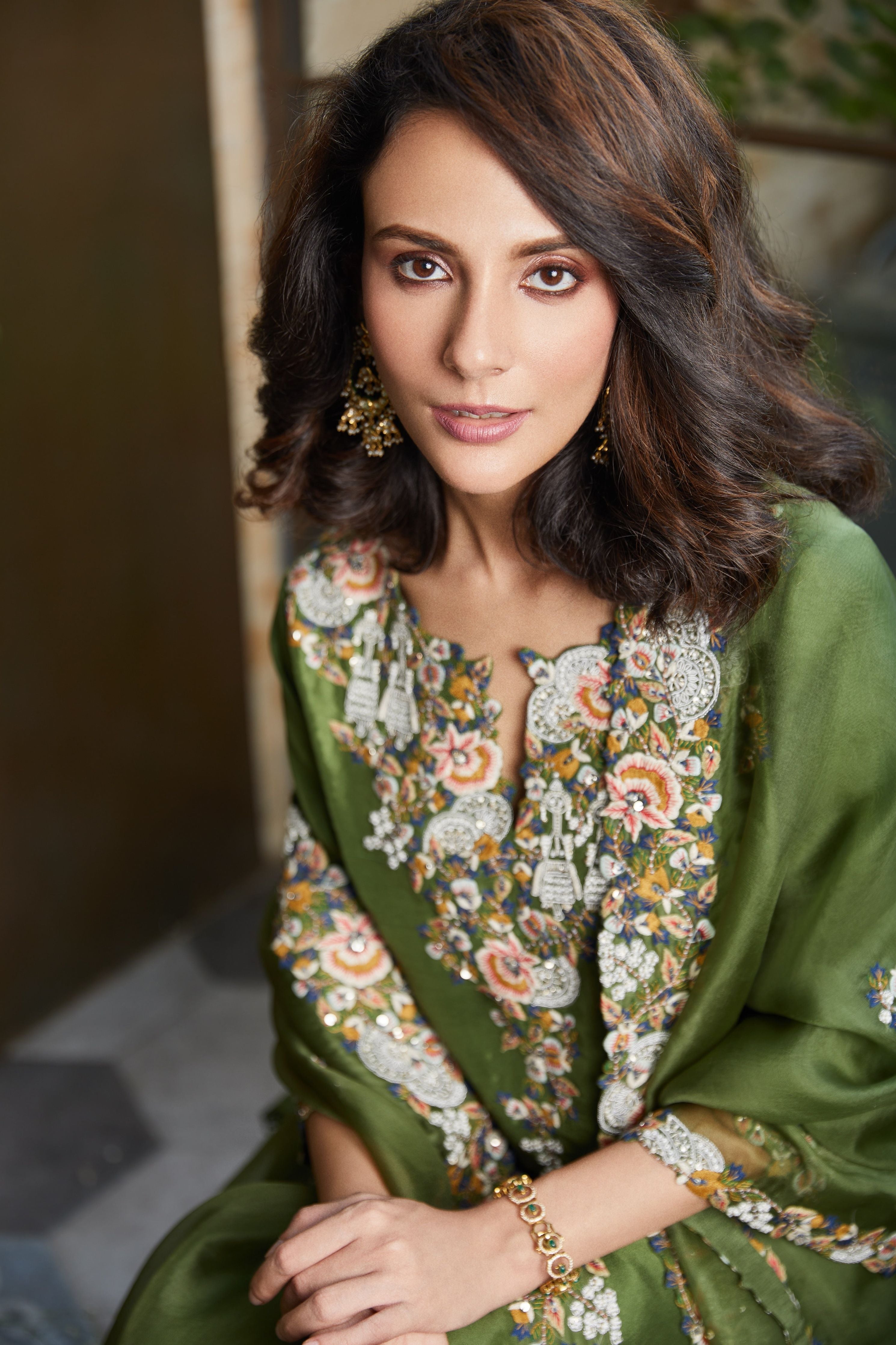Green silk kurta with cotton satin sharara and organza dupatta Mokshaa